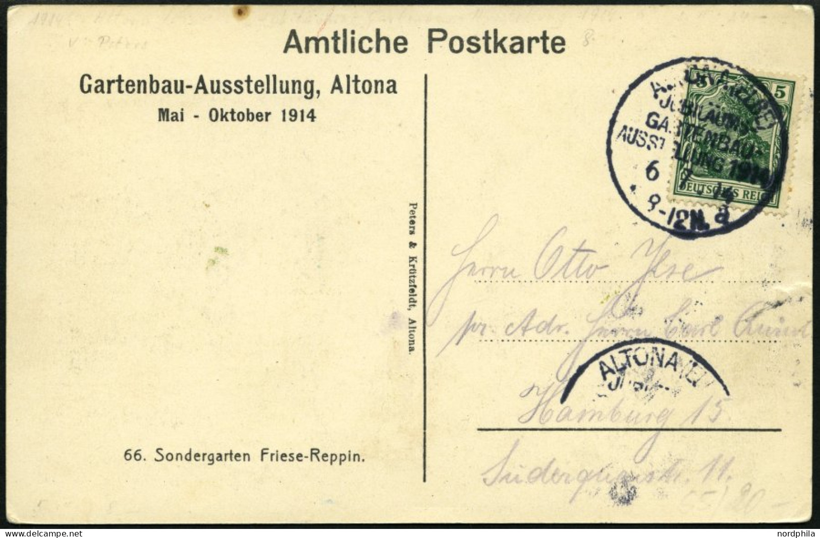 Dt. Reich 85I BRIEF, 1914, 5 Pf. Grün Friedensdruck Auf Sonderkarte Mit Sonderstempel ALTONA JUBILÄUMS GARTENBAU-AUSSTEL - Briefe U. Dokumente