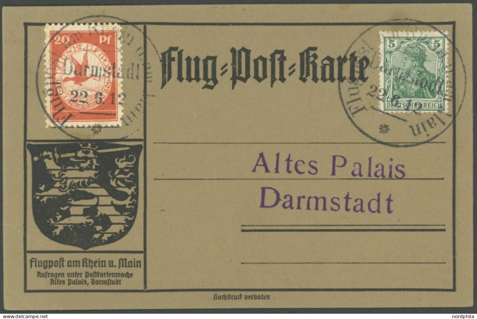 Dt. Reich II BRIEF, 1912, 20 Pf. Flugpost Am Rhein Und Main Auf Flugpostkarte Mit Sonderstempel Darmstadt, üblich Gezähn - Autres & Non Classés