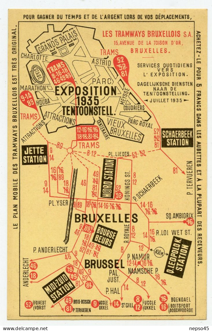 Exposition Universelle 1935 Tentoonsteil.Bruxelles Plateau Du Heysel.Plan Mobile Des Tramways Bruxellois.Belgique. - Transport (rail) - Stations