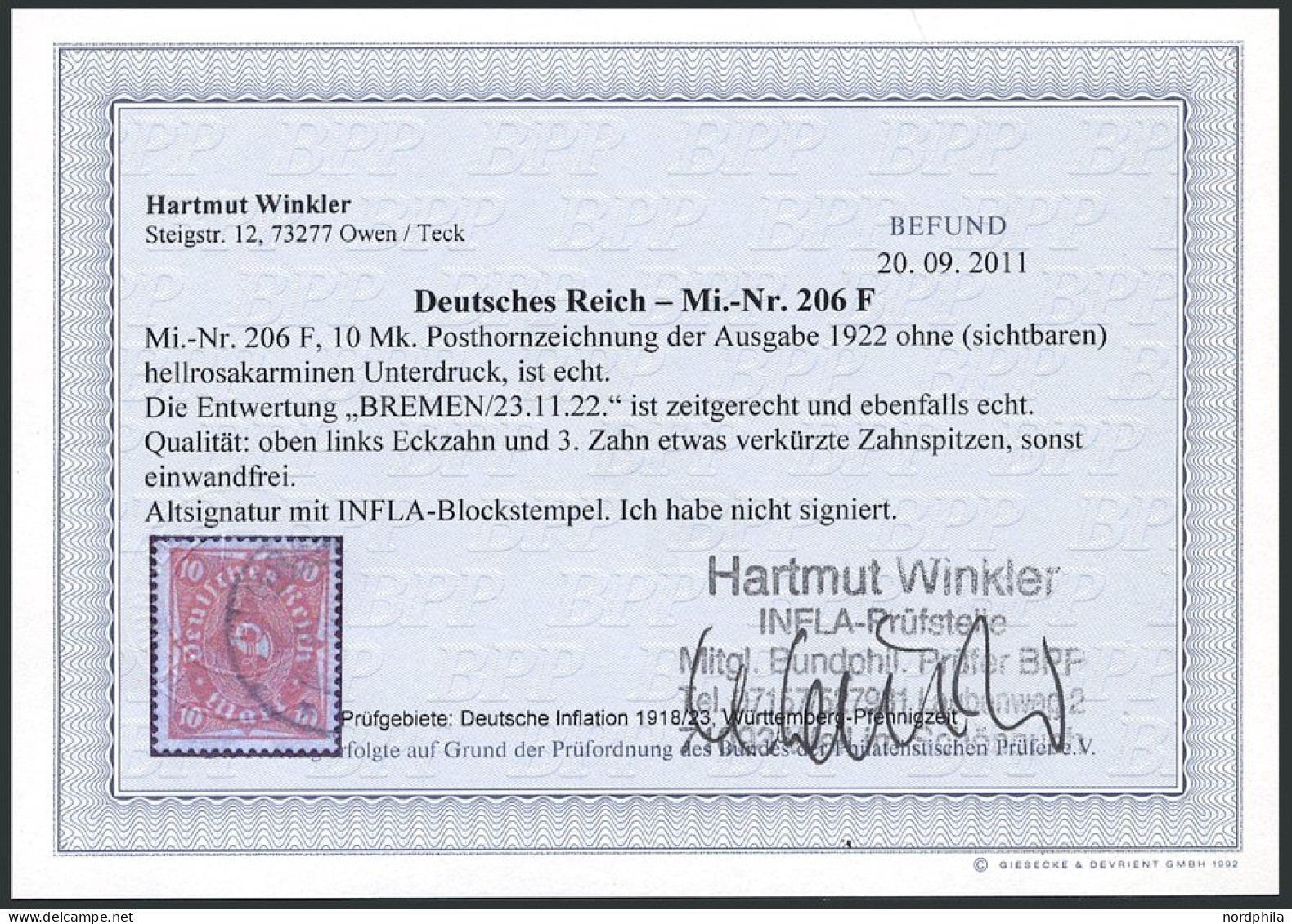 Dt. Reich 206WF O, 1922, 10 M. Lebhaftlilarot Mit Abart Ohne Rosa Unterdruck, 2 Verkürzte Zahnspitzen Sonst Pracht, Foto - Used Stamps