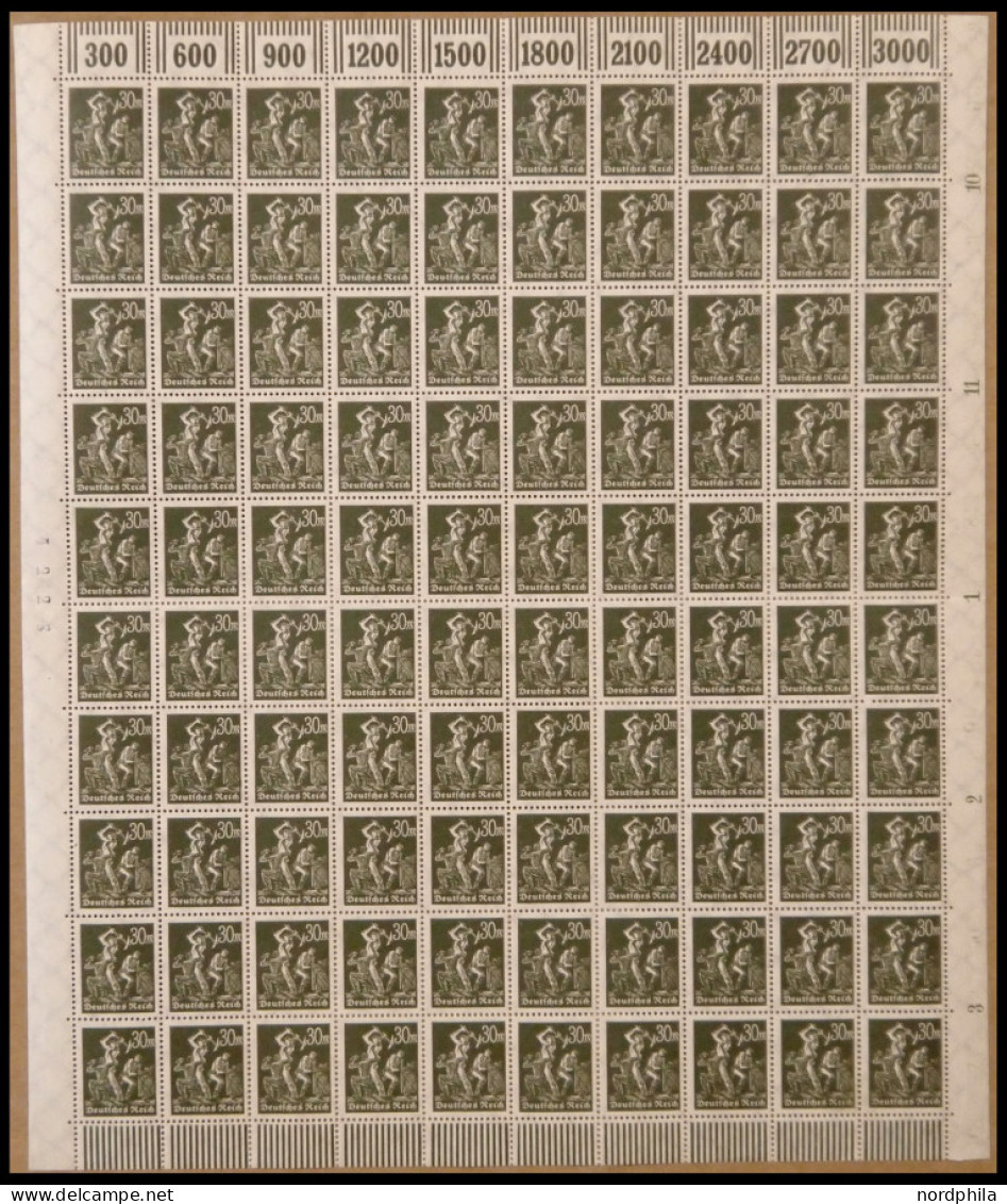 Dt. Reich 343 , 1923, 100 Pf. Violettpurpur Im Bogen (100), Dabei Feld 96 Mit Abart 0 Von 30 Links Gebrochen, Postfrisch - Neufs