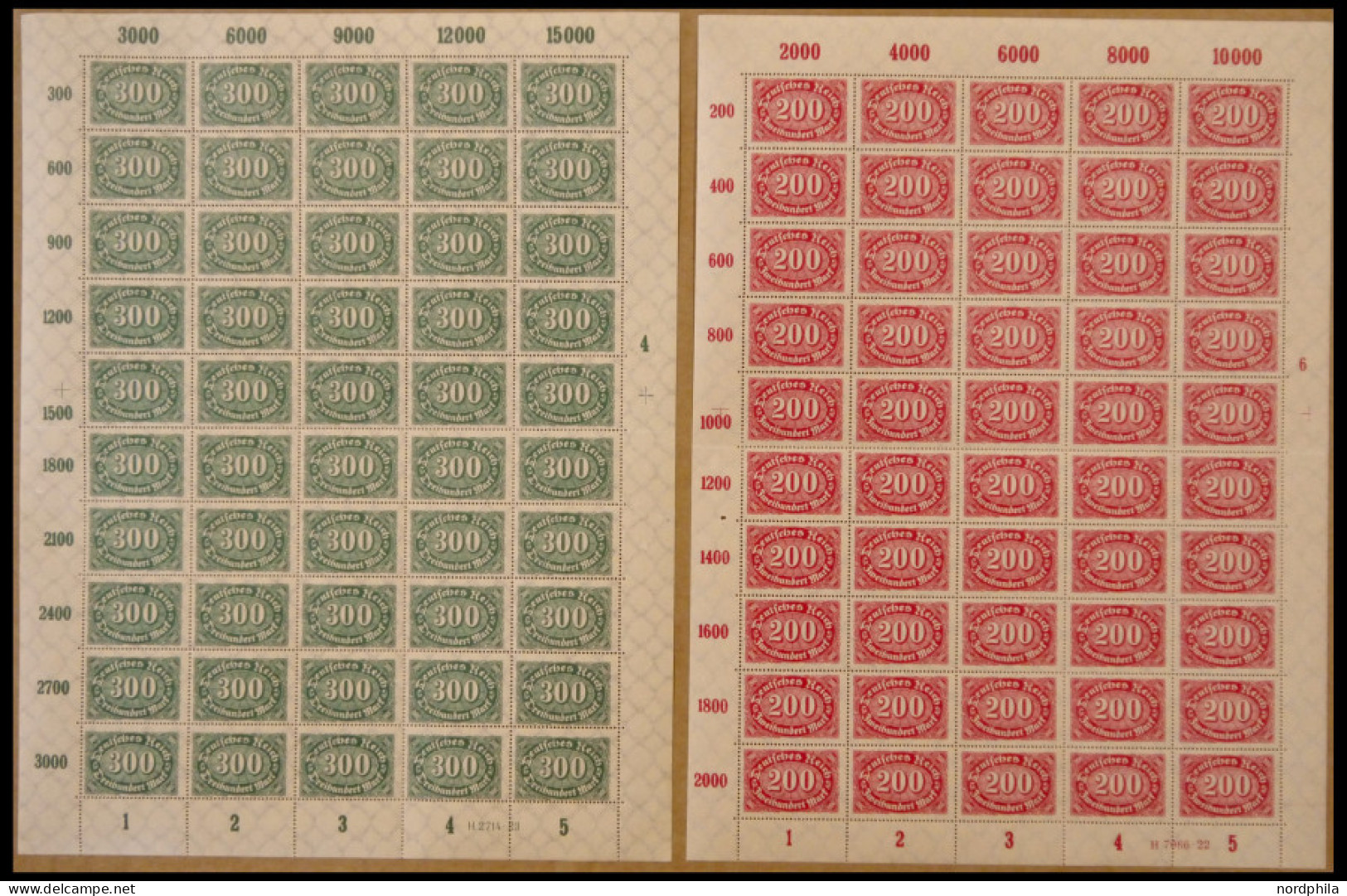 Dt. Reich 248/9 , 1923, 200 M. Karminrot Und 300 M. Dunkelgrün, Je Im Bogen, 200 M. Mit Plattenfehler Auf Feld 39 Und 40 - Autres & Non Classés