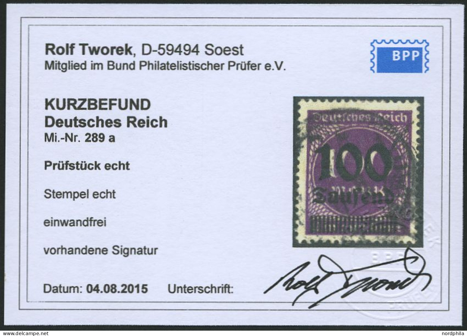 Dt. Reich 289a O, 1923, 100 Tsd. Auf 100 M. Graupurpur, Pracht, Fotobefund Tworek, Mi. 140.- - Gebruikt