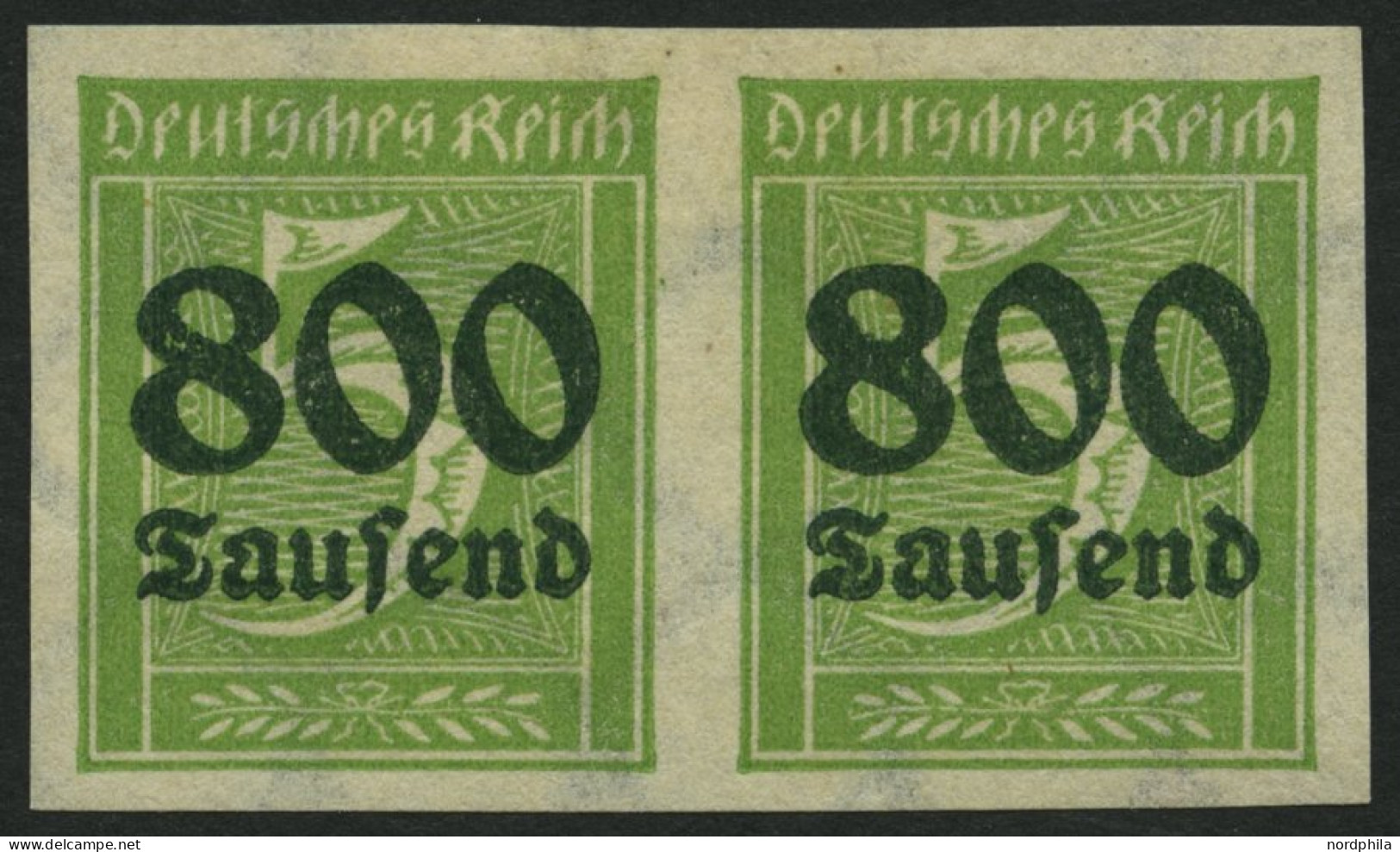Dt. Reich 301U Paar , 1923, 800 Tsd. Auf 5 Pf. Gelblichgrün, Ungezähnt Im Waagerechten Paar, Falzrest, Pracht, Signiert, - Ungebraucht
