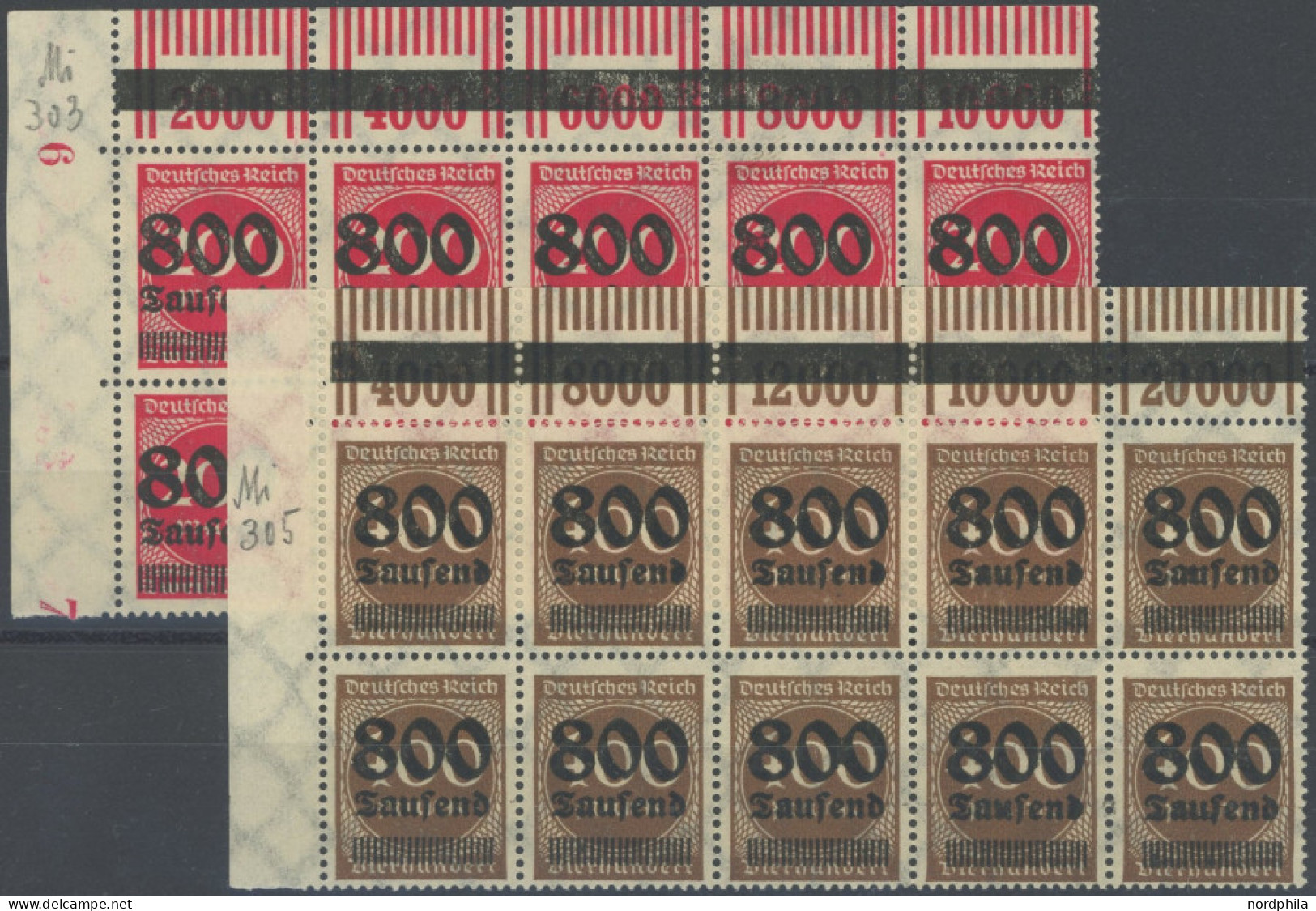 Dt. Reich 303,305 OPD , 1923, 800 Tsd. Auf 200 M. Lilarot Und 800 Tsd. Auf 400 M. Braun, Je Im 10er-Block Aus Der Linken - Other & Unclassified