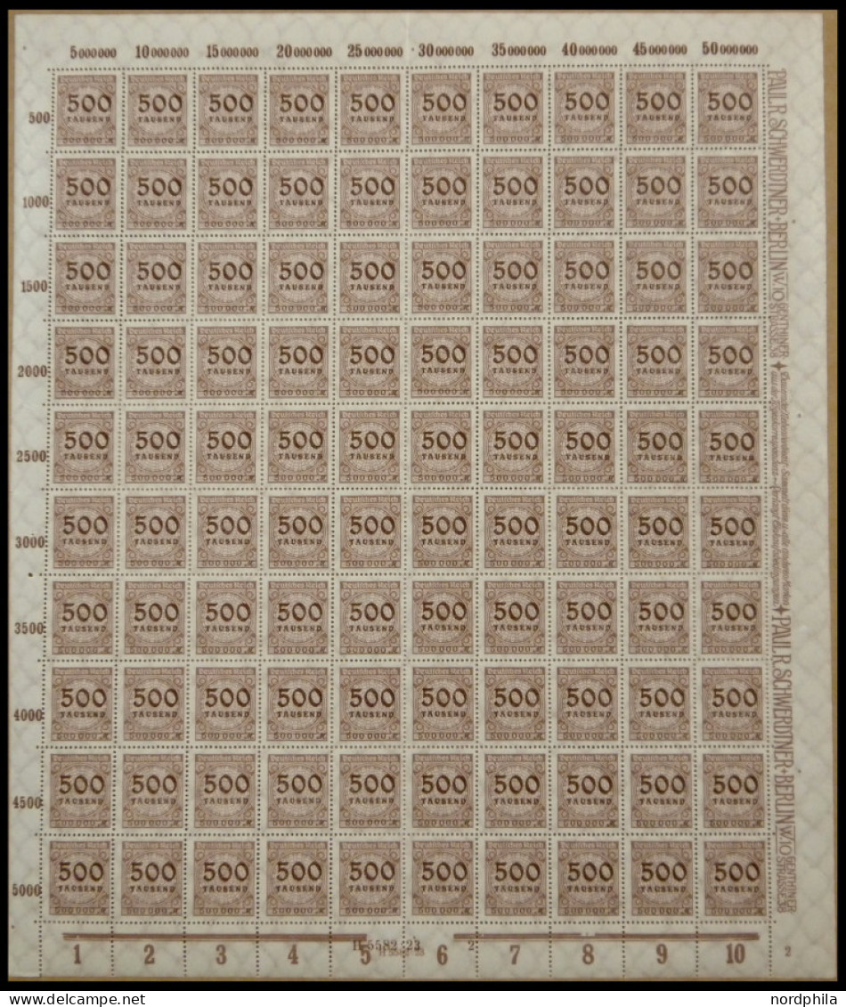 Dt. Reich 313 , 1923, 500 Tsd. M. Schwärzlichorangebraun Im Bogen (100), Feld 2 Mit Abart E In Deutsches Beschädigt, Pos - Autres & Non Classés