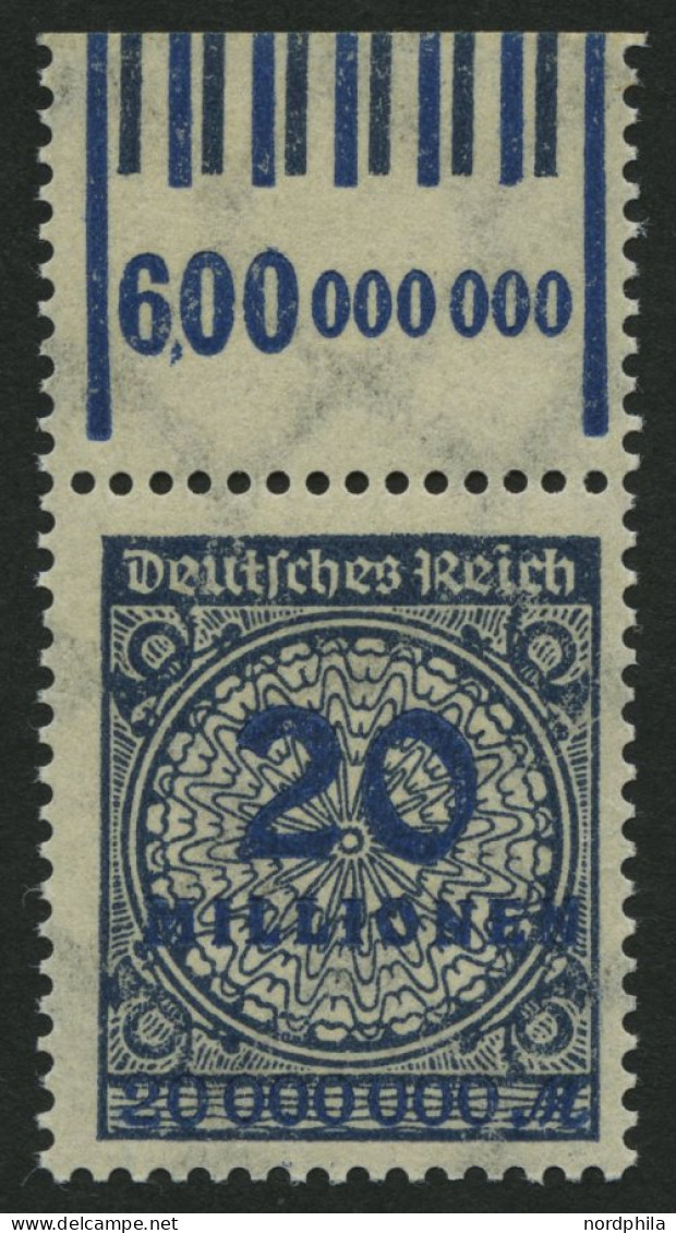 Dt. Reich 319AWbOR , 1923, 20 Mio. M. Schwarzblau, Walzendruck, Oberrandstück, Pracht, Gepr. Infla, Mi. 140.- - Ungebraucht
