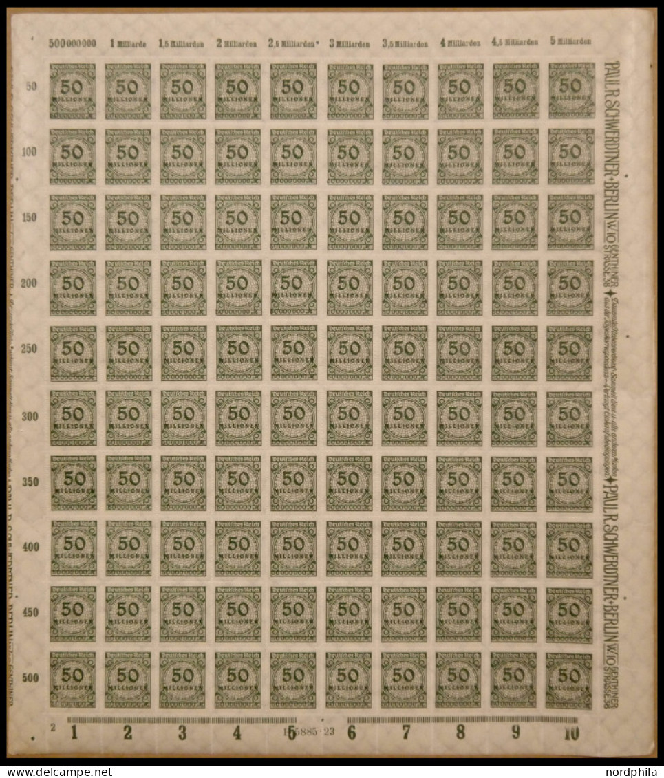 Dt. Reich 321B , 1923, 50 Mio. M. Schwärzlicholivgrün, Durchstochen, Im Bogen (100), Postfrisch, Pracht - Sonstige & Ohne Zuordnung