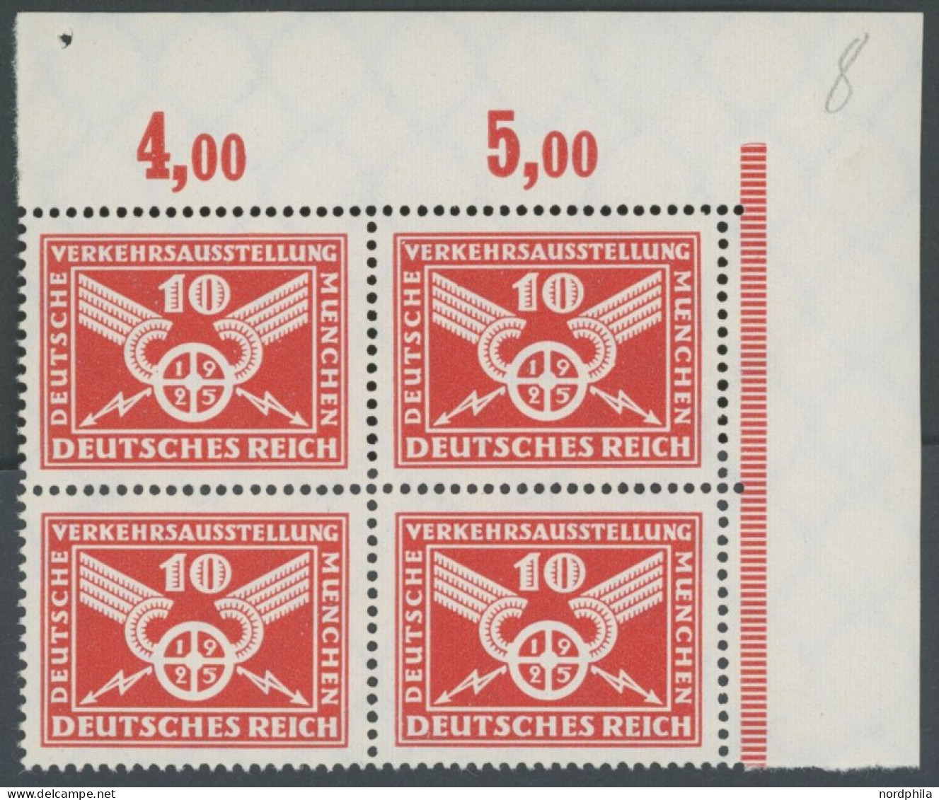 Dt. Reich 371X VB , 1925, 10 Pf. Verkehrsausstellung Im Oberen Rechten Eckrandviererblock, Pracht, Mi. (112.-) - Unused Stamps