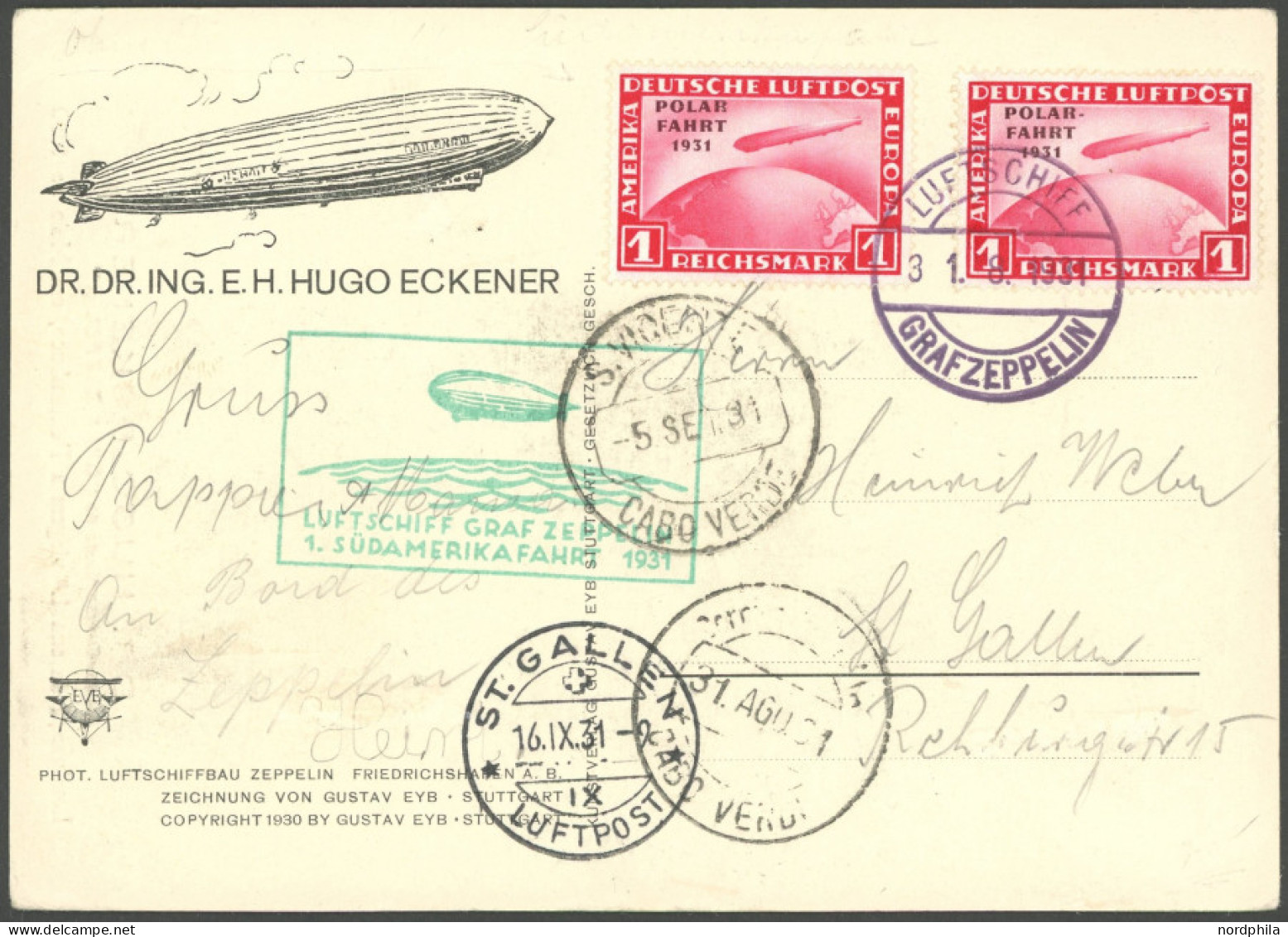 Dt. Reich 456I,456 BRIEF, 1931, 1 RM Polarfahrt, 2x Auf 1. Südamerikafahrt-Karte, Linke Marke Mit Aufdruckfehler Ohne Bi - Autres & Non Classés