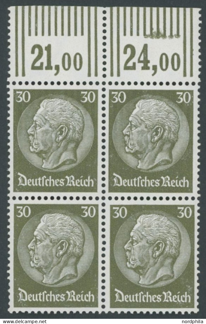 Dt. Reich 490WOR VB , 1933, 30 Pf. Hindenburg, Wz. 2, Walzendruck, Im Oberrandviererblock, Postfrisch, Pracht - Ungebraucht