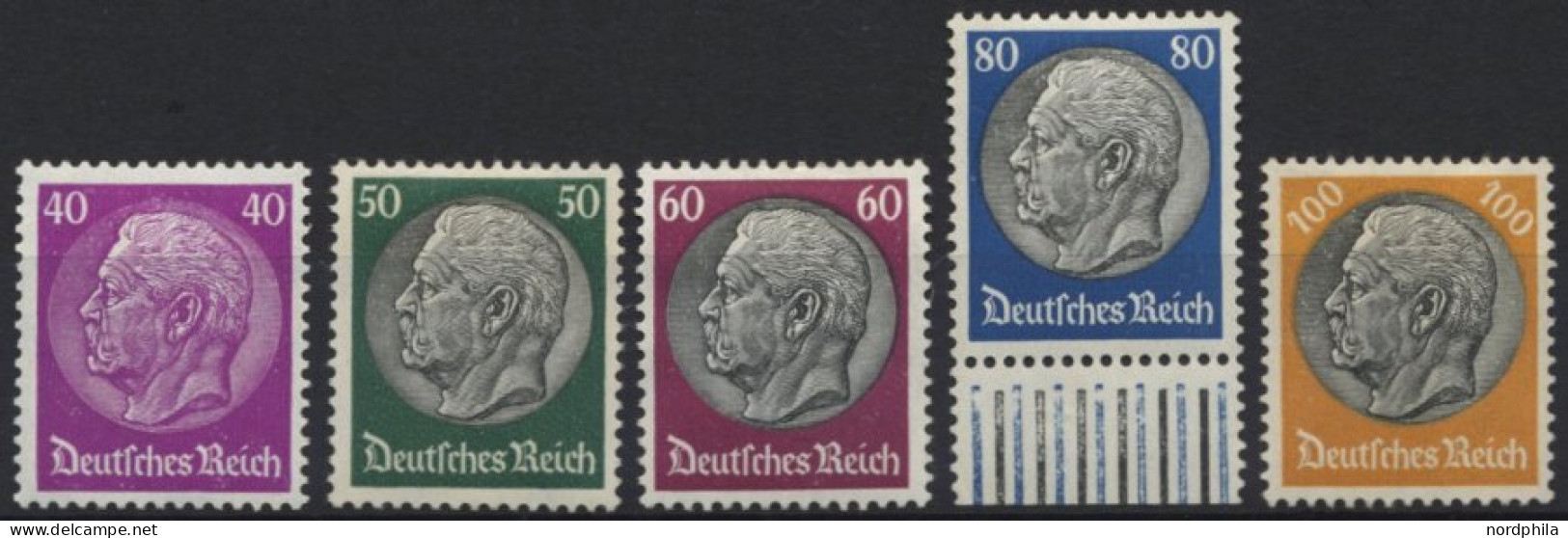 Dt. Reich 491-95 , 1933, 40 - 100 Pf. Hindenburg, Wz. 2, Falzreste, 5 Prachtwerte, Mi. 147.- - Ungebraucht