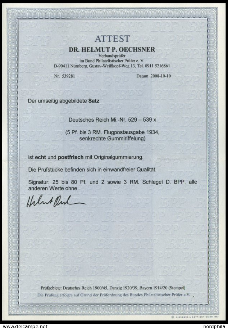 Dt. Reich 529-39x , 1934, Flugpost, Postfrischer Prachtsatz, Fotoattest Dr. Oechsner, Mi. 800.- - Ungebraucht