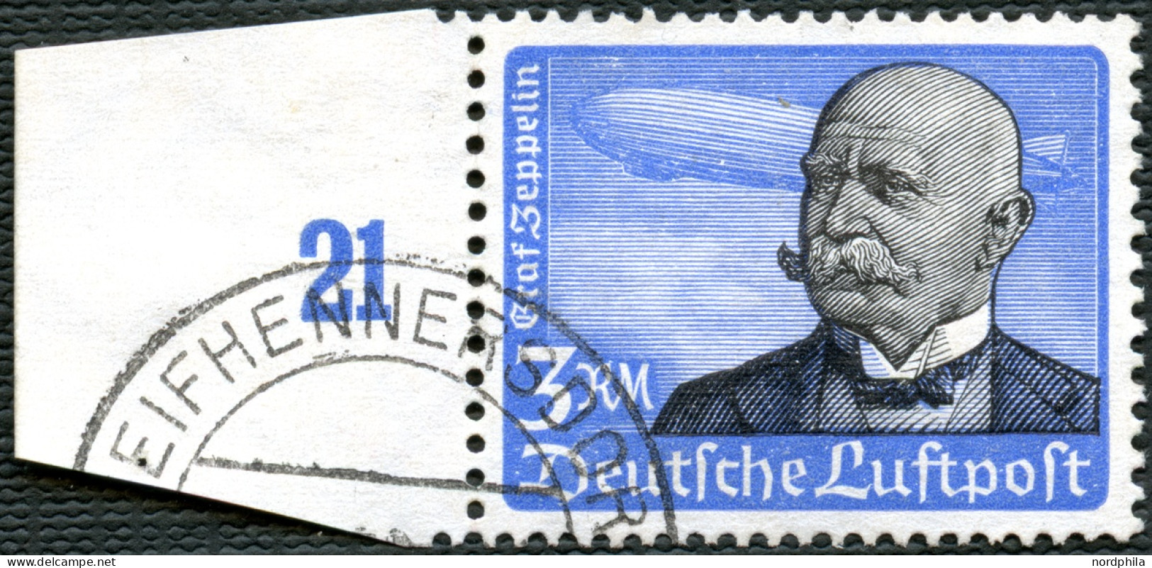 Dt. Reich 539y O, 1934, 3 RM Graf Zeppelin, Waagerechte Gummiriffelung, Vom Linken Bogenrand, Pracht, Fotoattest Dr. Oec - Usados