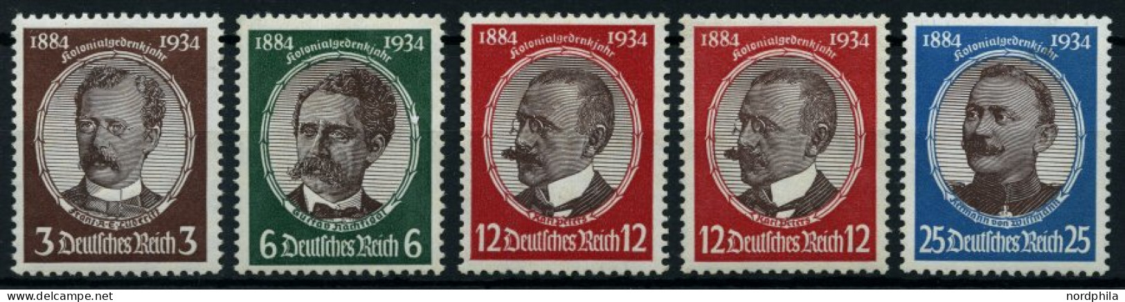 Dt. Reich 540-43x,y , 1934, Kolonialforscher, 12 Pf. Beide Gummiriffelungen, 5 Prachtwerte, Mi. 235.- - Neufs