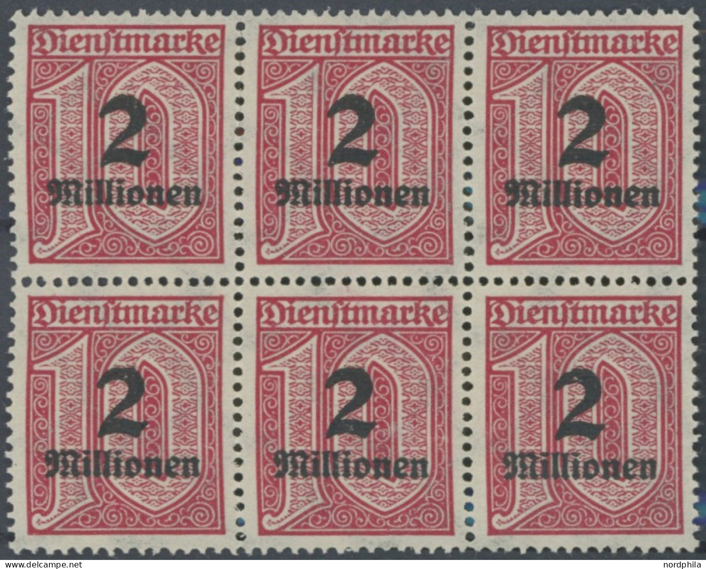 DIENSTMARKEN D 97Y , 1923, 2 Mio.M. Auf 10 Pf. Lilarot Im Postfrischen Sechserblock, Wz. Liegend, Pracht, Mi. 204.- - Service