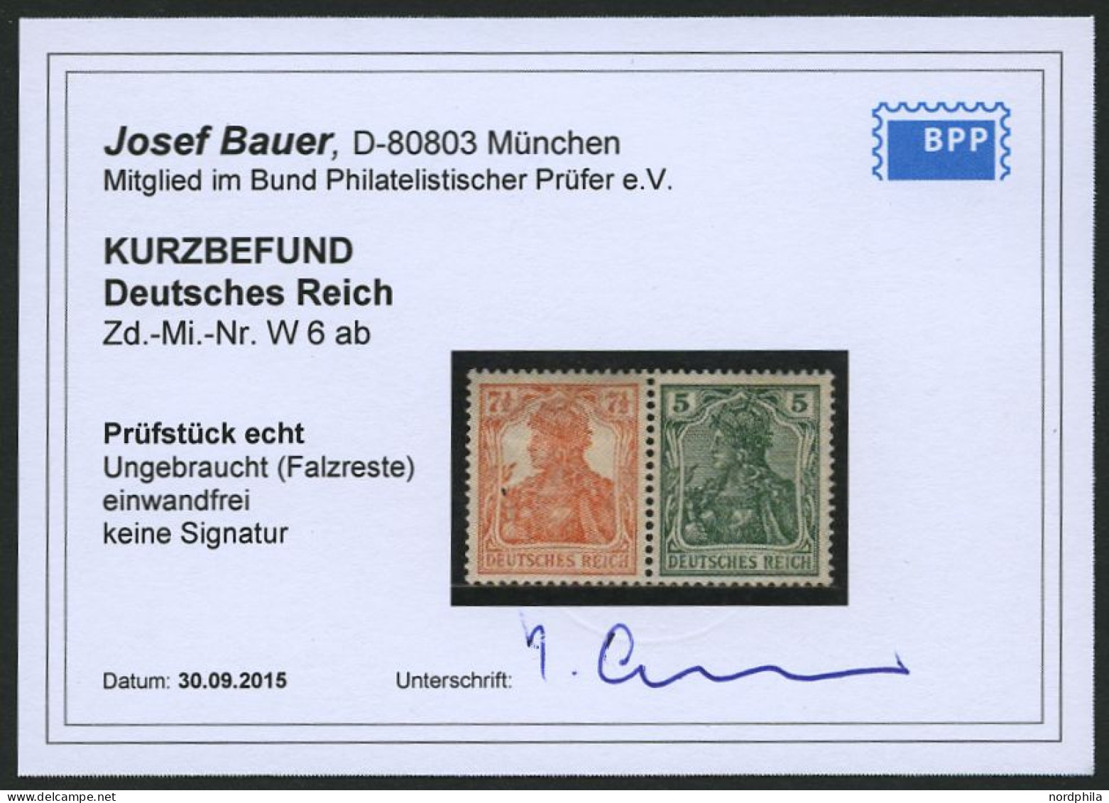 ZUSAMMENDRUCKE W 6ab , 1918, Germania 71/2 + 5, Falzreste, Pracht, Kurzbefund Bauer, Mi. 180.- - Se-Tenant