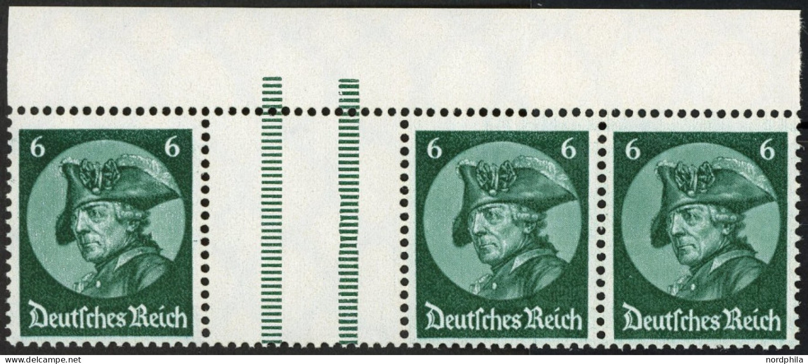 ZUSAMMENDRUCKE WZ 9 PF II , 1933, Fredericus 6 + Z + 6 Mit Plattenfehler Grüner Strich Am Rechten Rahmen, Mit Oberrand,  - Se-Tenant