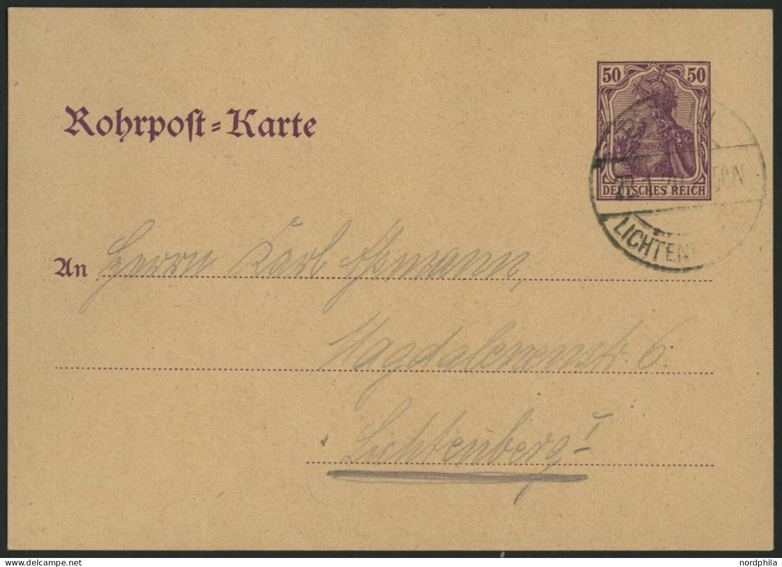 GANZSACHEN RP 20 BRIEF, 1920, 50 Pf. Dunkellila, Rohrpostkarte Nach Lichtenberg, Pracht, Mi. 120.- - Other & Unclassified