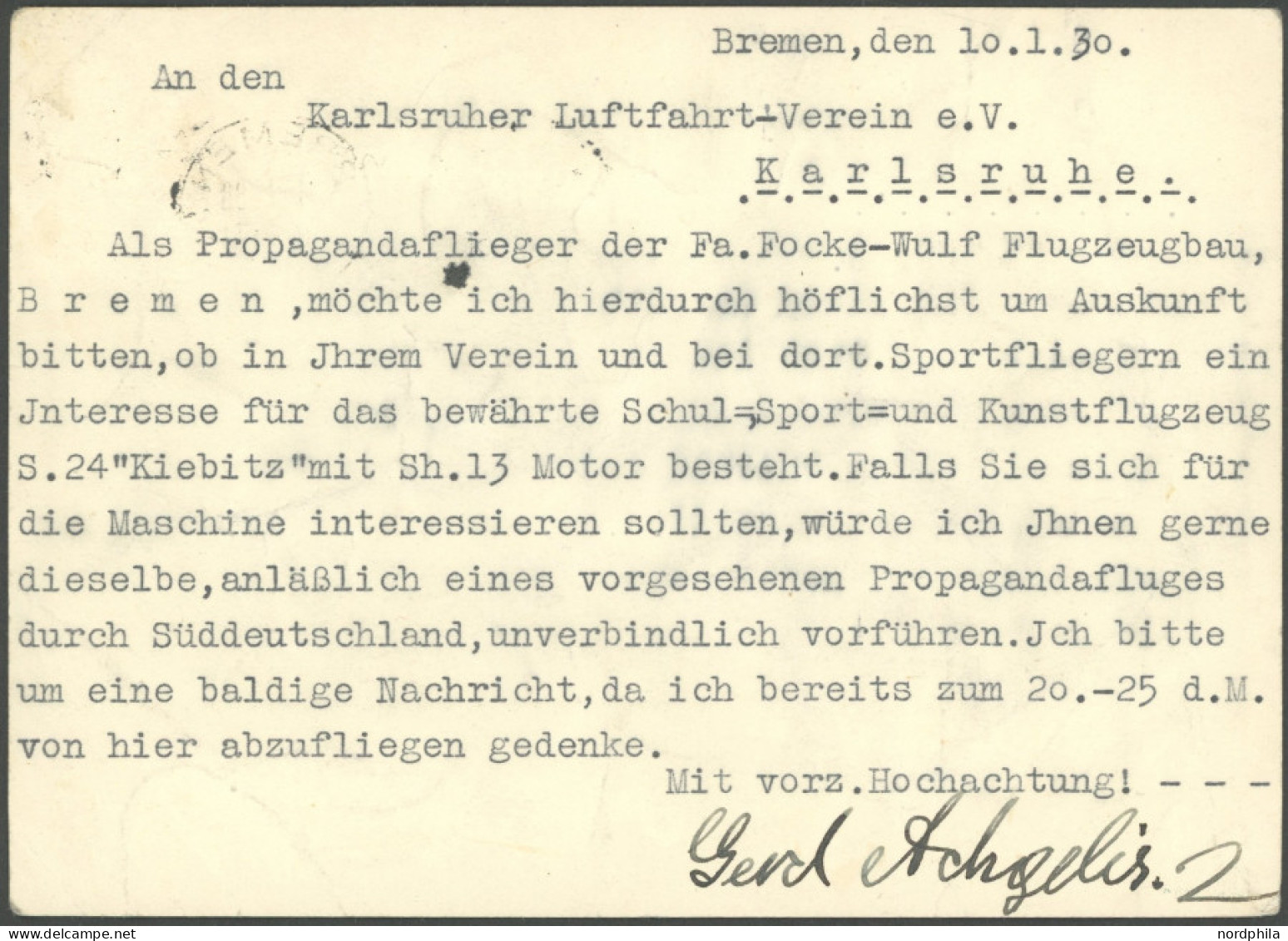 ZEPPELINPOST - MILITÄRLUFTSCHIFFAHRT Gerd Achgelis, Propagandaflieger Der Firma Focke-Wulf Flugzeugbau, Unterschriebene  - Poste Aérienne & Zeppelin