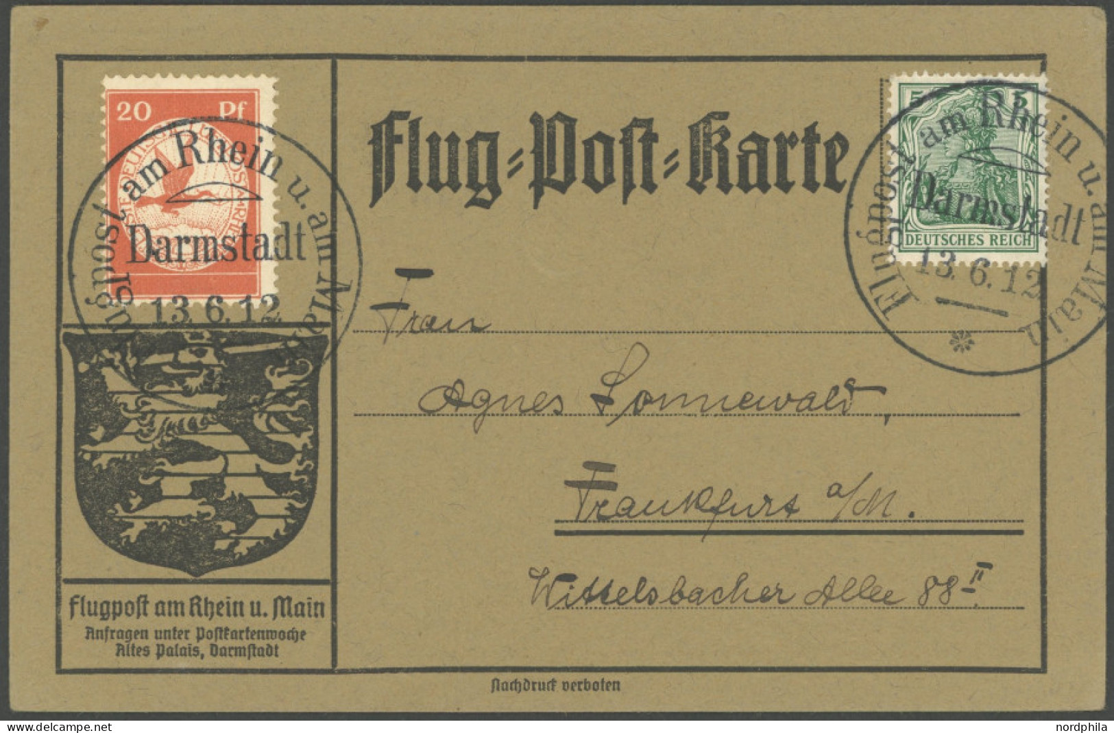 ZEPPELINPOST 11DA BRIEF, 1912, 20 Pf. Flp. Am Rhein Und Main Mit 5 Pf. Zusatzfrankatur Auf Flugpostkarte, Sonderstempel  - Luchtpost & Zeppelin