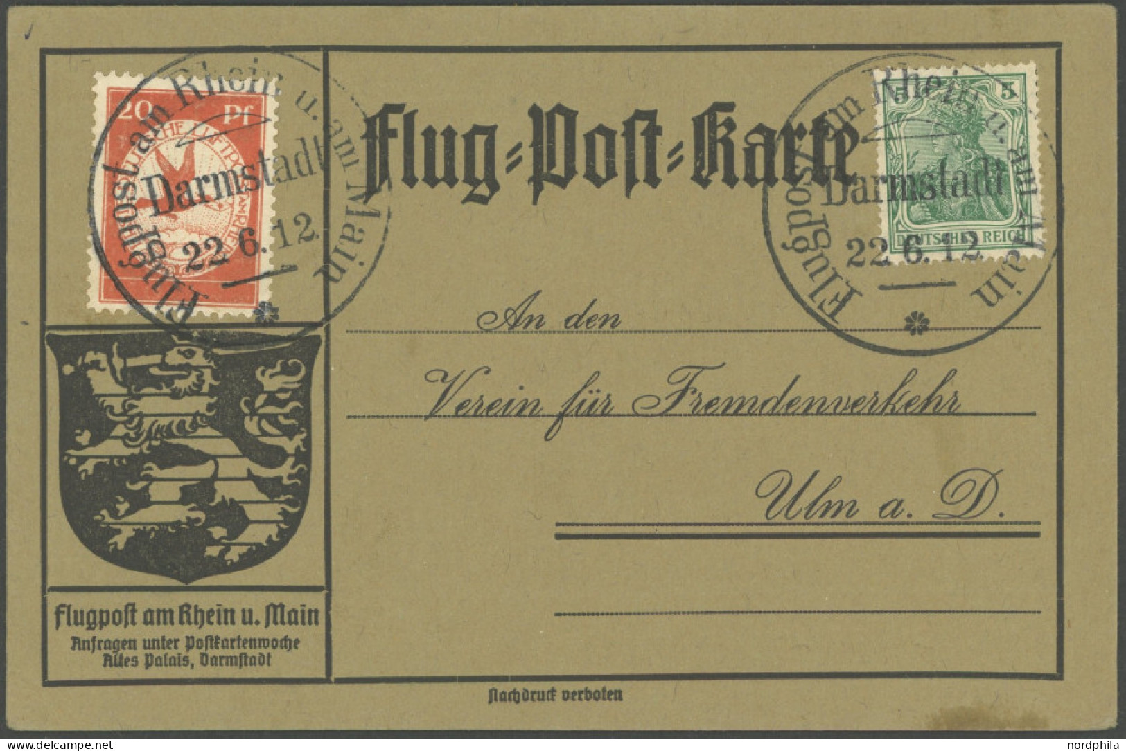 ZEPPELINPOST 11DA BRIEF, 1912, 20 Pf. Flp. Am Rhein Und Main Mit 5 Pf. Zusatzfrankatur Auf Flugpostkarte, Sonderstempel  - Airmail & Zeppelin