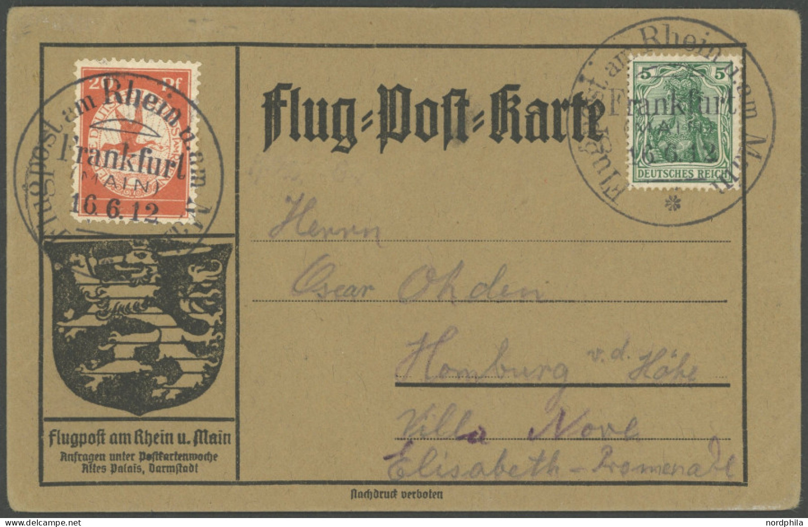 ZEPPELINPOST 11FR BRIEF, 1912, 20 Pf. Flp. Am Rhein Und Main Mit 5 Pf. Zusatzfrankatur Auf Flugpostkarte, Sonderstempel  - Poste Aérienne & Zeppelin