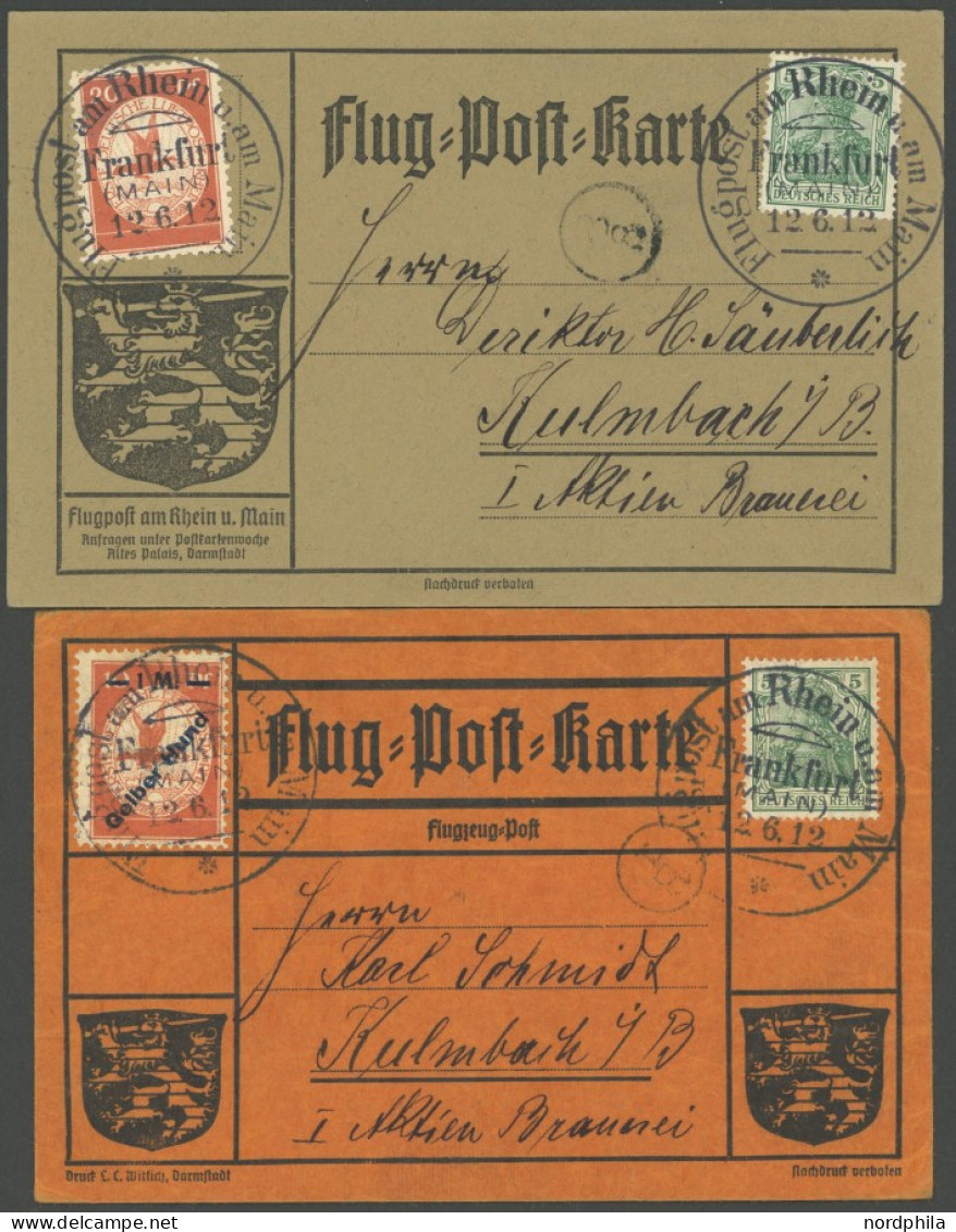 ZEPPELINPOST 11,13 BRIEF, 1912, 20 Pf. Flp. Am Rhein Und Main Und 1 M. Gelber Hund Je Auf Flugpostkarte Grau Bzw. Orange - Poste Aérienne & Zeppelin