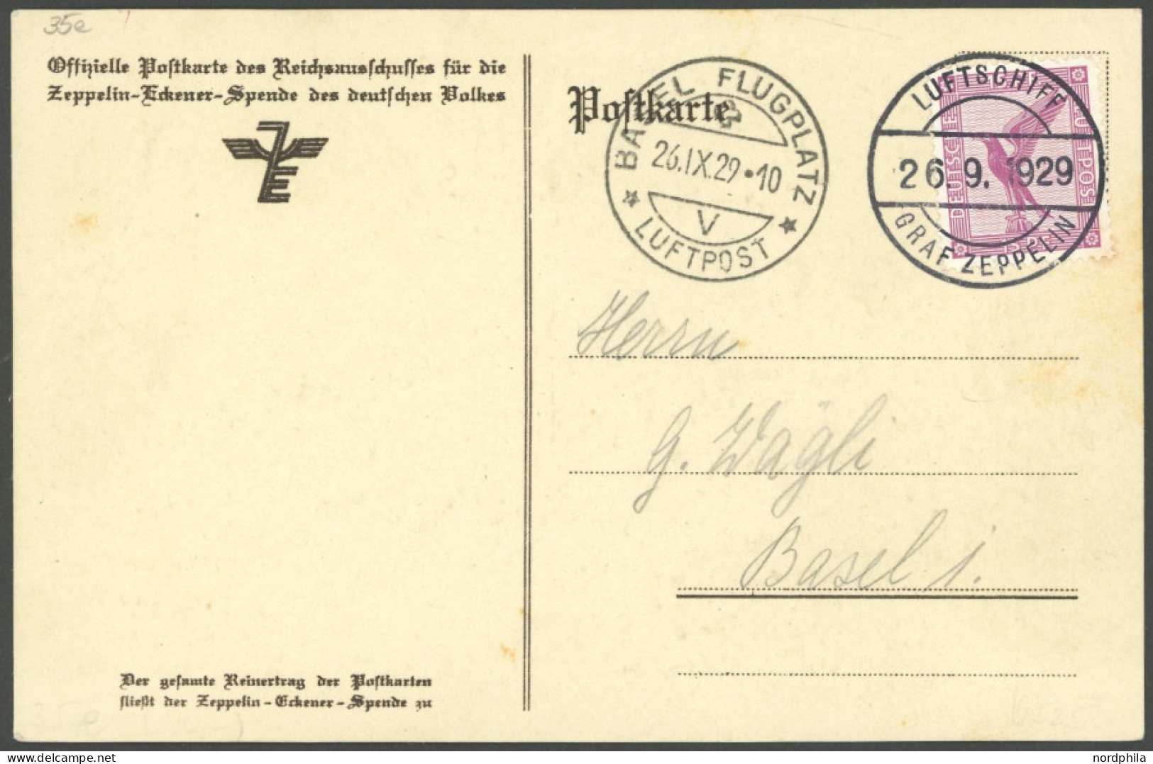 ZEPPELINPOST 35e BRIEF, 1929, 1. Schweizfahrt, Abwurf Basel-Flugplatz, Eckener Spendenkarte, Pracht - Poste Aérienne & Zeppelin