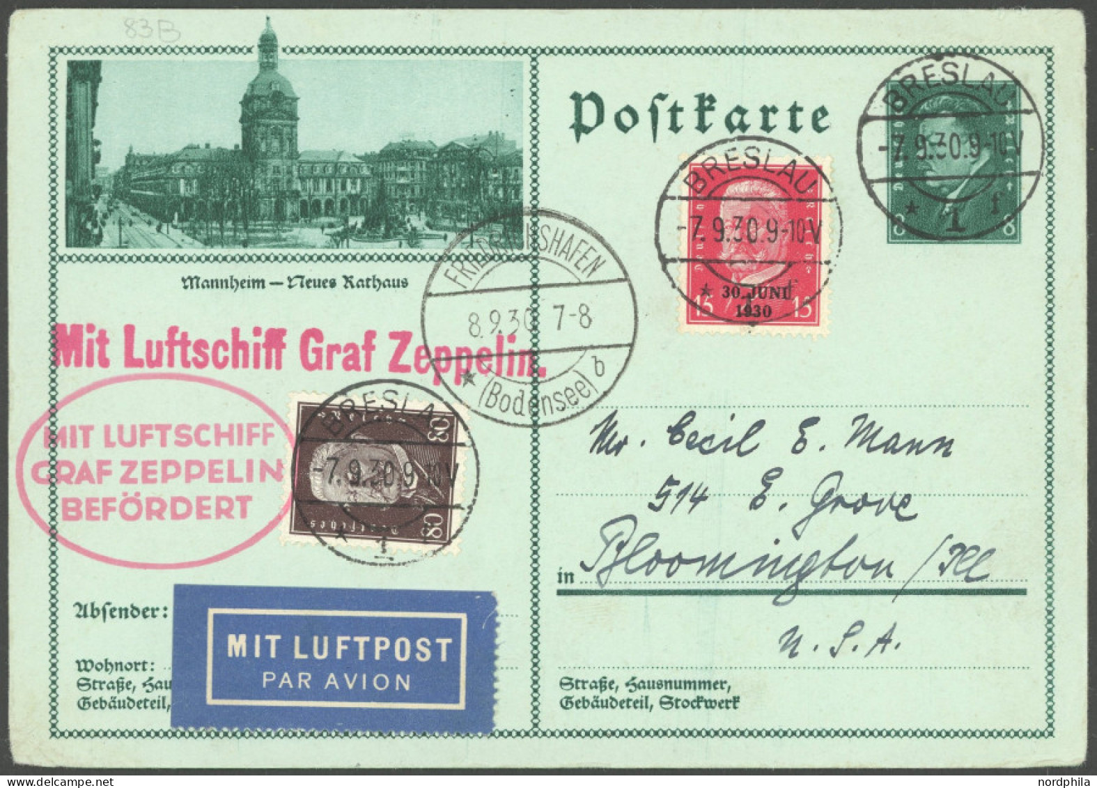 ZEPPELINPOST 83B BRIEF, 1930, Breslau-Friedrichshafen, Prachtkarte In Die USA - Airmail & Zeppelin