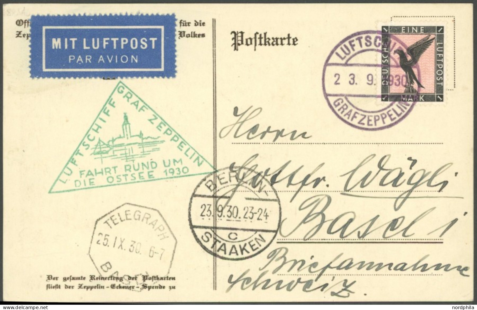 ZEPPELINPOST 88AAb BRIEF, 1930, Ostseefahrt, Bordpost, Abgabe Berlin, Prachtkarte In Die Schweiz - Luft- Und Zeppelinpost