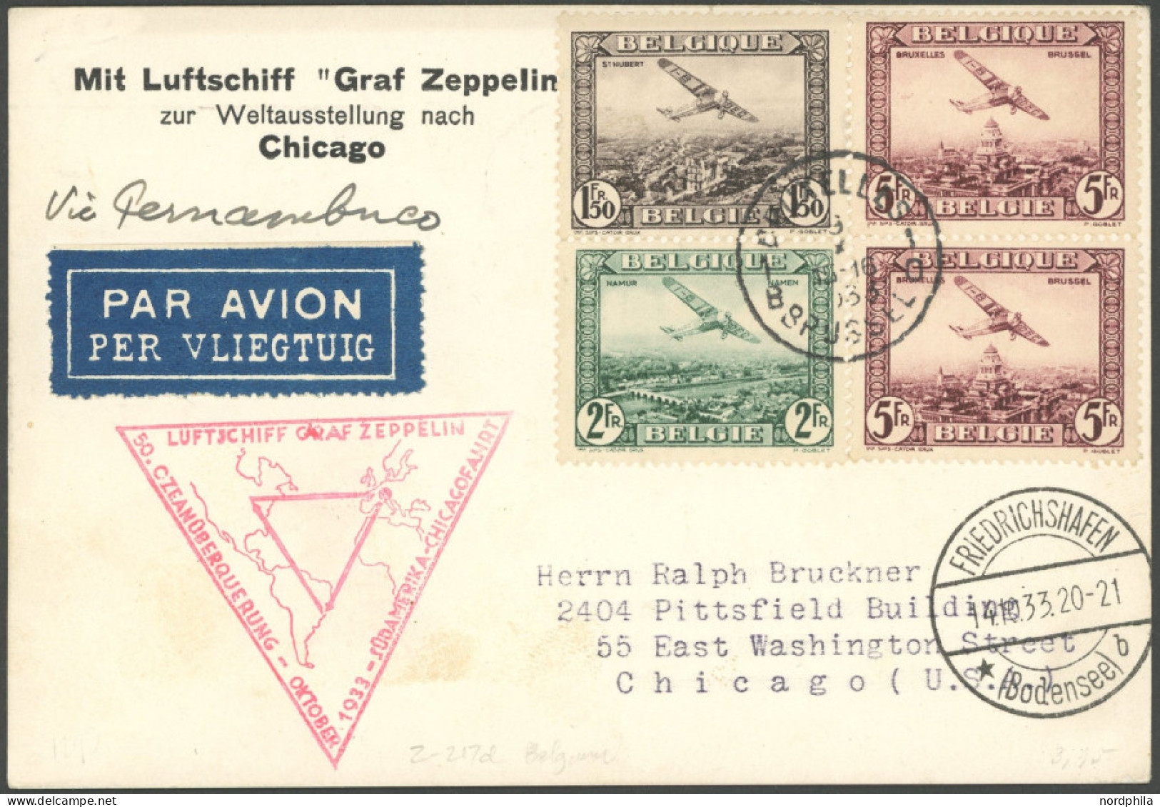 ZULEITUNGSPOST 238 BRIEF, Belgien: 1933, Chicagofahrt In Die USA, Prachtkarte - Luft- Und Zeppelinpost