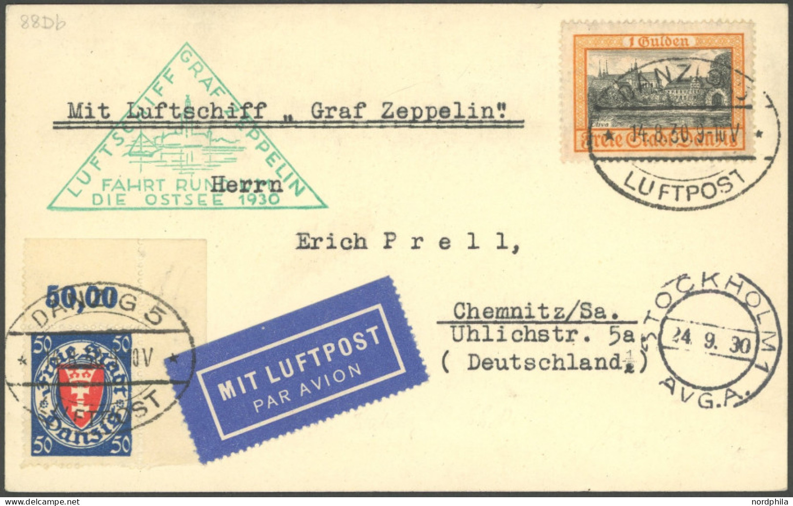 ZULEITUNGSPOST 88 BRIEF, Danzig: 1930, Ostseefahrt, Abwurf Stockholm, Prachtkarte, Sieger Unbekannt! - Correo Aéreo & Zeppelin