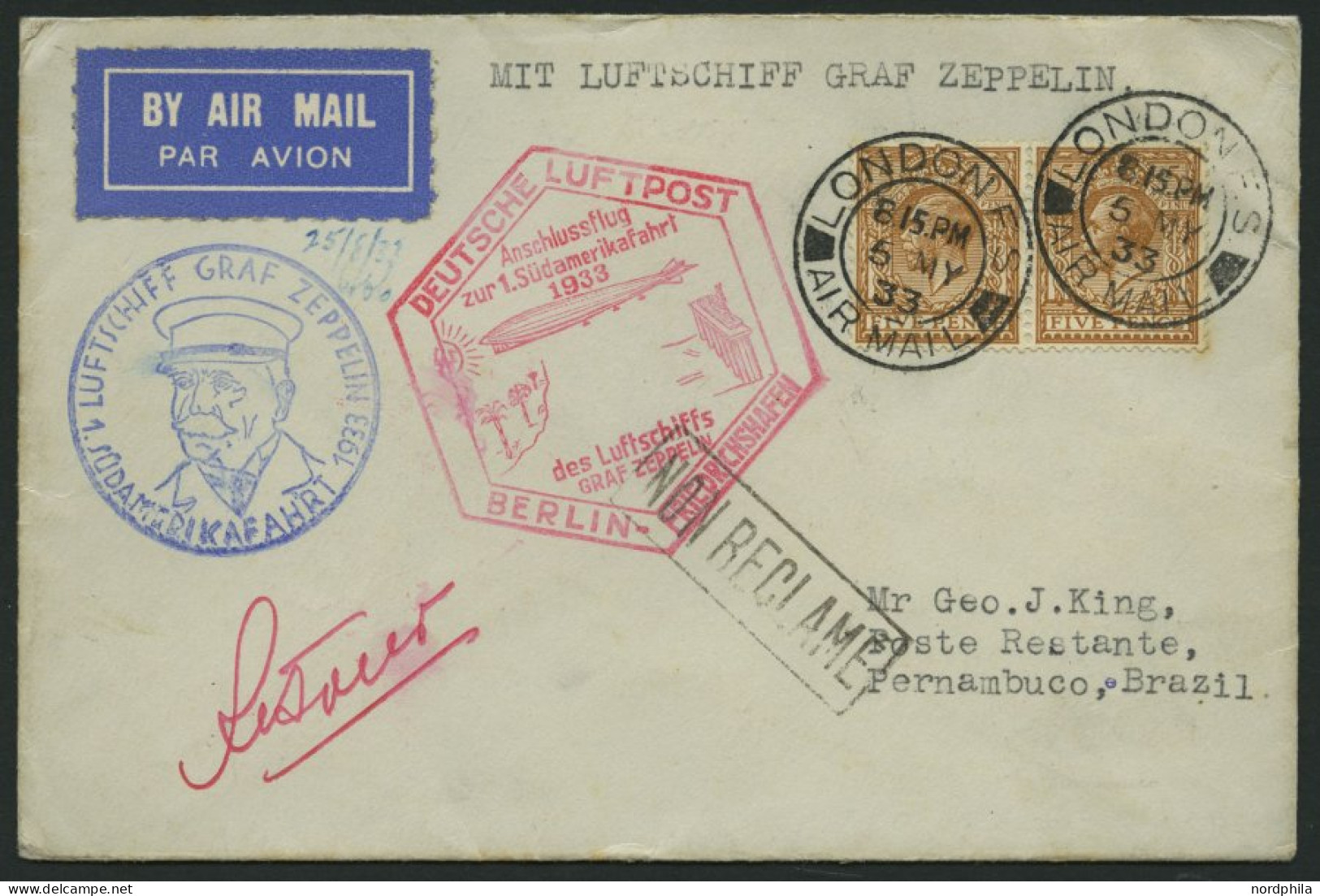 ZULEITUNGSPOST 202B BRIEF, Großbritannien: 1933, 1. Südamerikafahrt, Anschlussflug Ab Berlin, Prachtbrief - Zeppelins