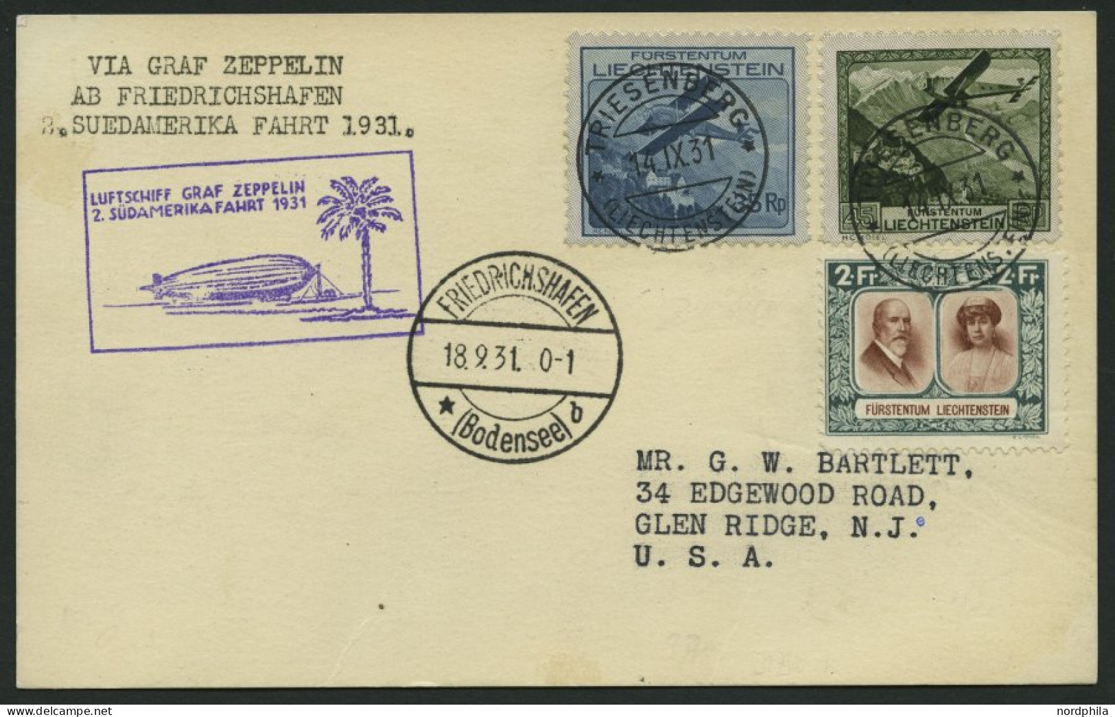 ZULEITUNGSPOST 129 BRIEF, Liechtenstein: 1931, 2. Südamerikafahrt, Post Nach Brasilien, Prachtkarte Mit Guter Frankatur - Zeppeline