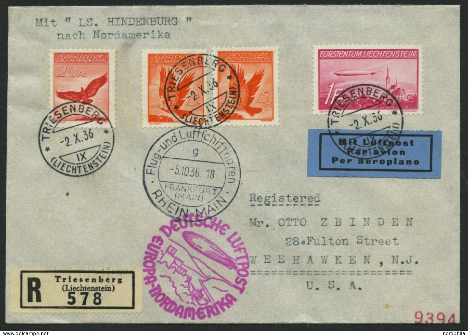 ZULEITUNGSPOST 441 BRIEF, Liechtenstein: 1936, 10. Nordamerikafahrt, Einschreibbrief, Pracht - Zeppelins