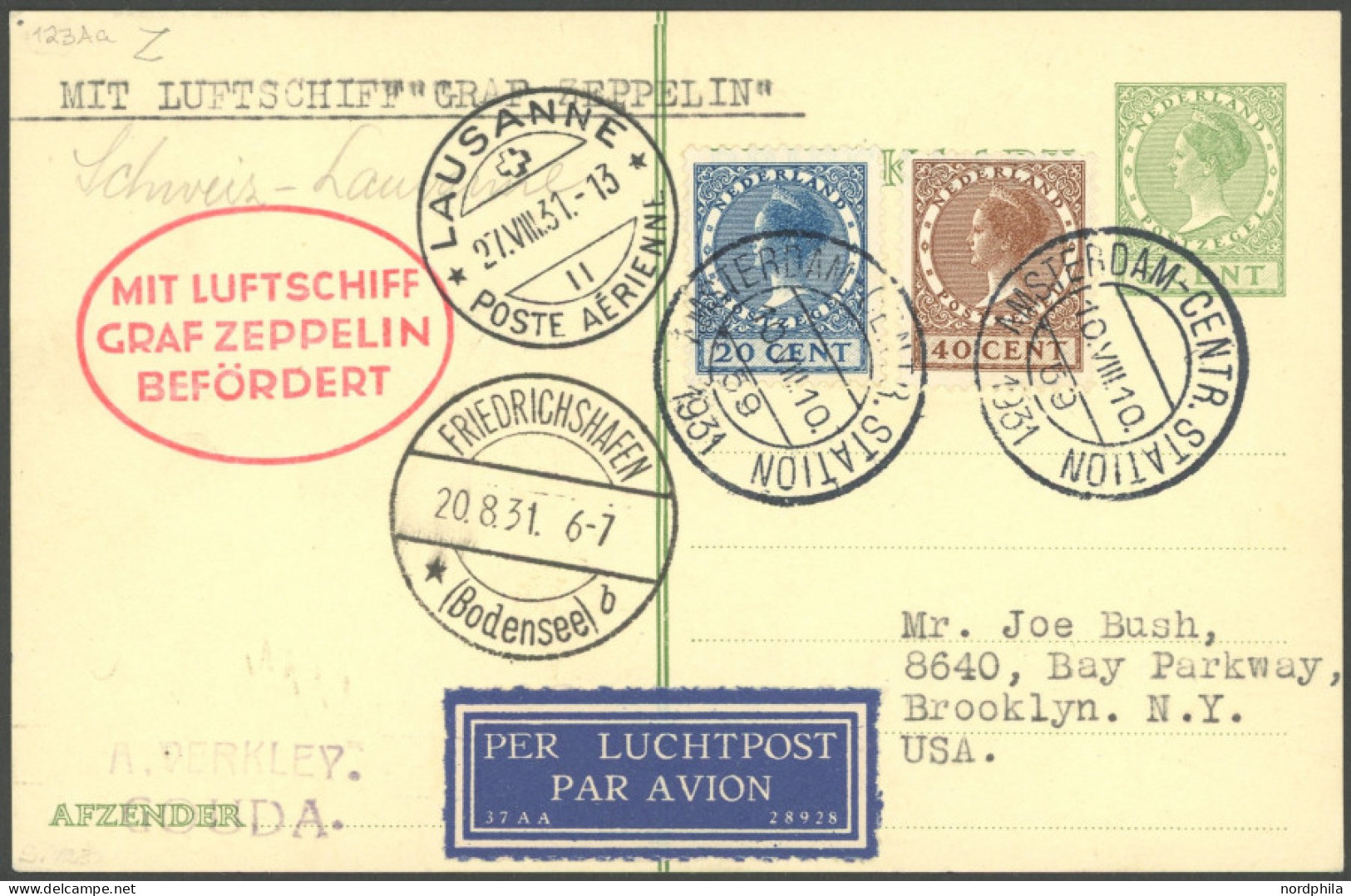 ZULEITUNGSPOST 123 BRIEF, Niederlande: 1931, Fahrt Nach Lausanne, Prachtkarte - Luft- Und Zeppelinpost