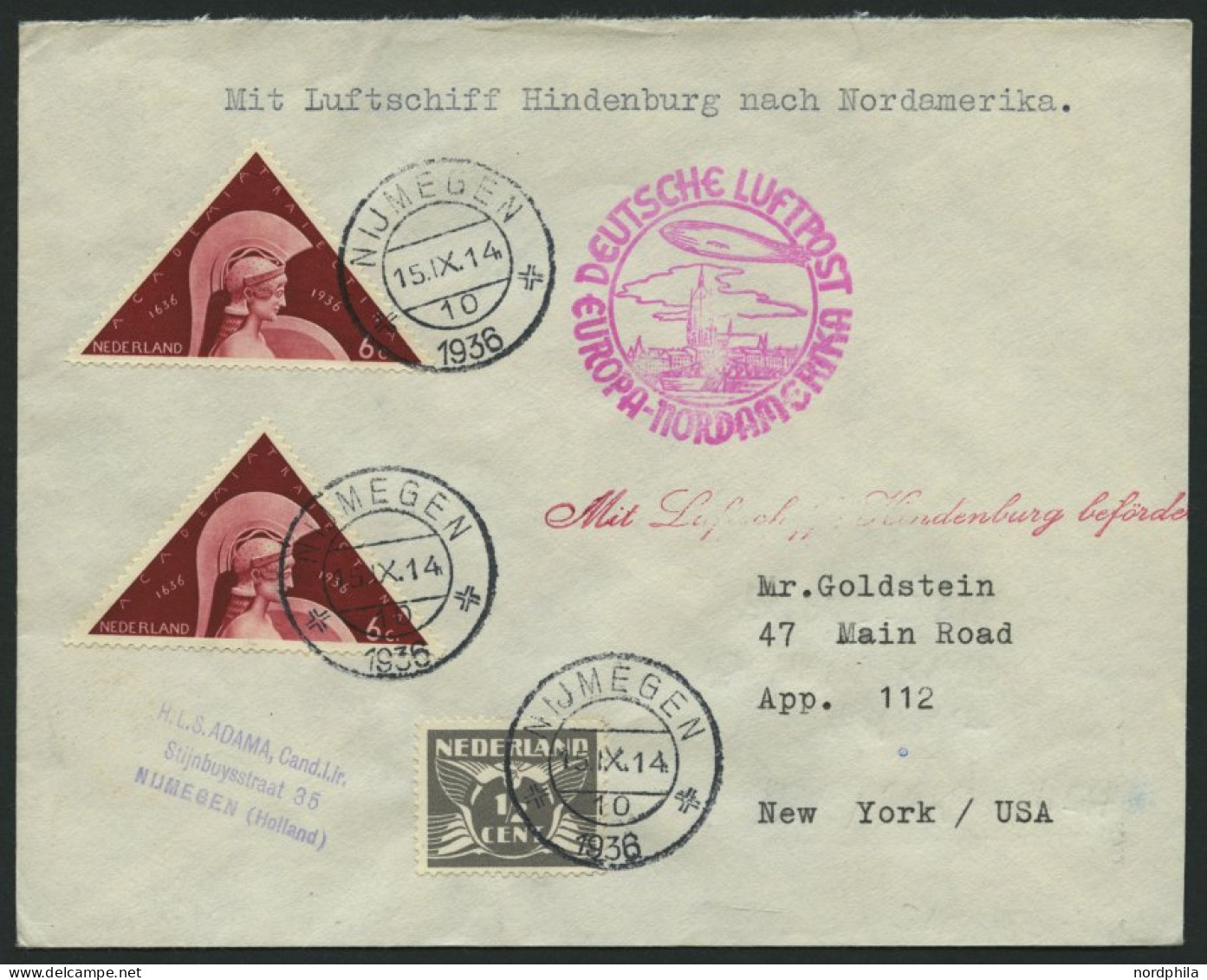 ZULEITUNGSPOST 437 BRIEF, Niederlande: 1936, 8. Nordamerikafahrt, Prachtbrief - Zeppelins