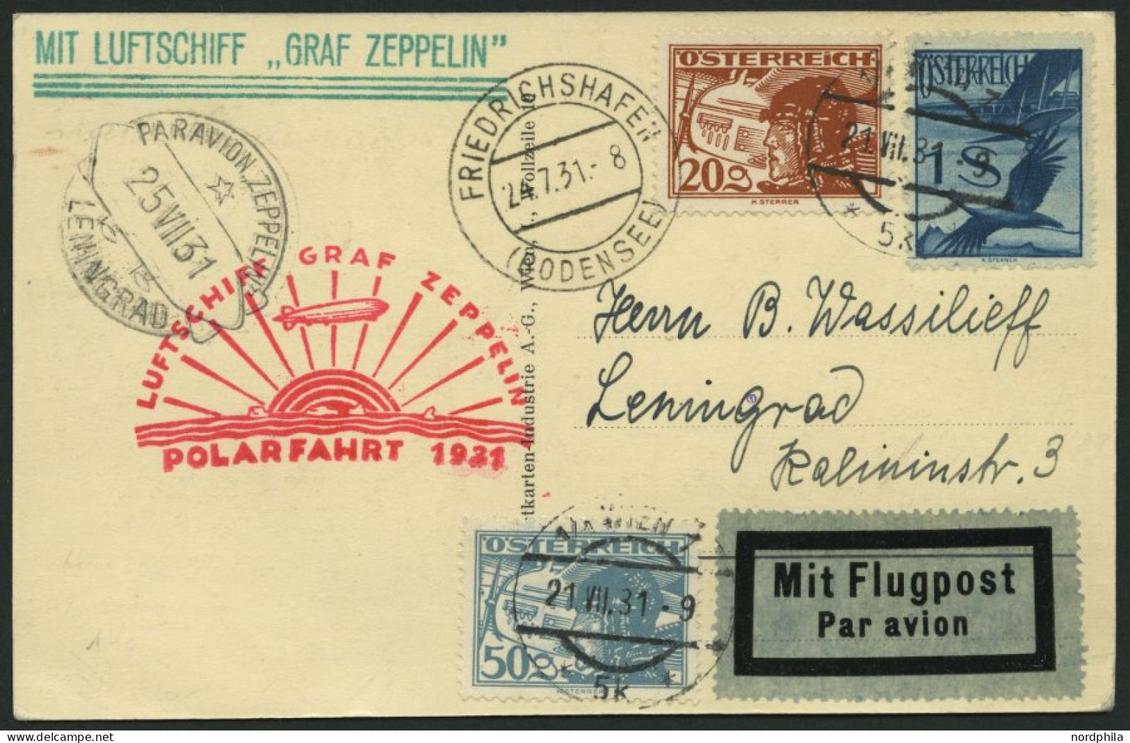 ZULEITUNGSPOST 119 BRIEF, Österreich: 1931, Polarfahrt, Bis Leningrad, Prachtkarte - Zeppelines