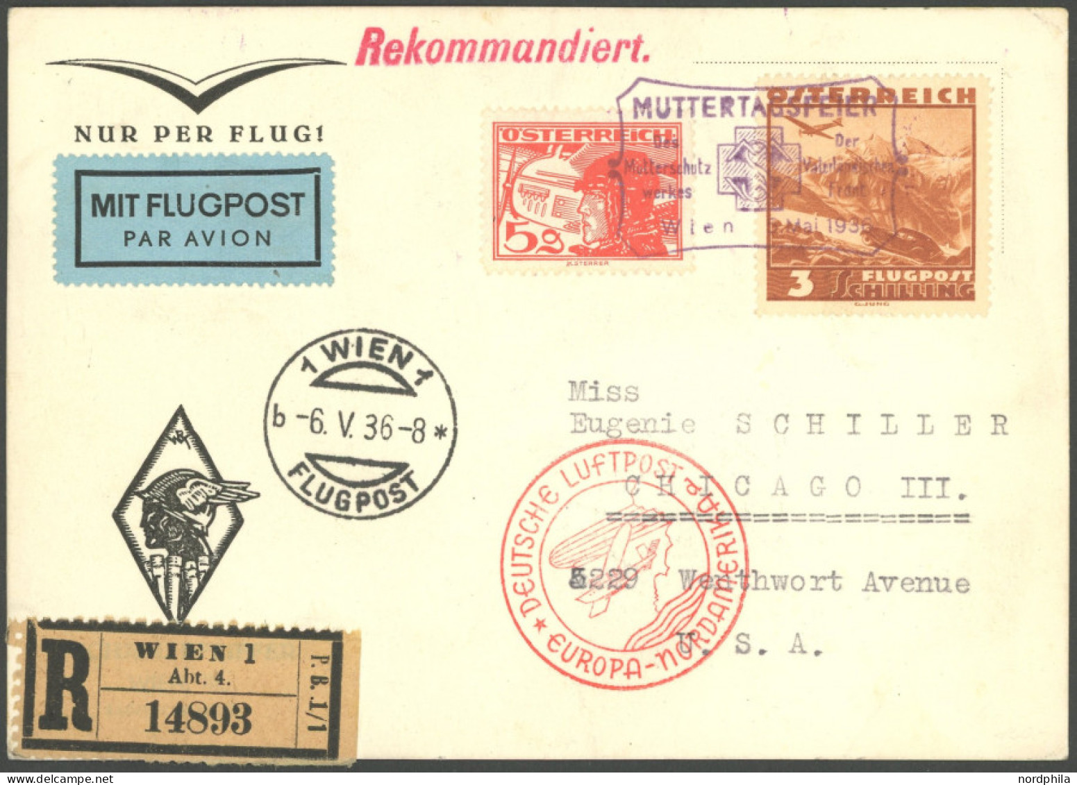 ZULEITUNGSPOST 406 BRIEF, Österreich: 1936, 1. Nordamerikafahrt, Einschreibkarte, Pracht - Airmail & Zeppelin