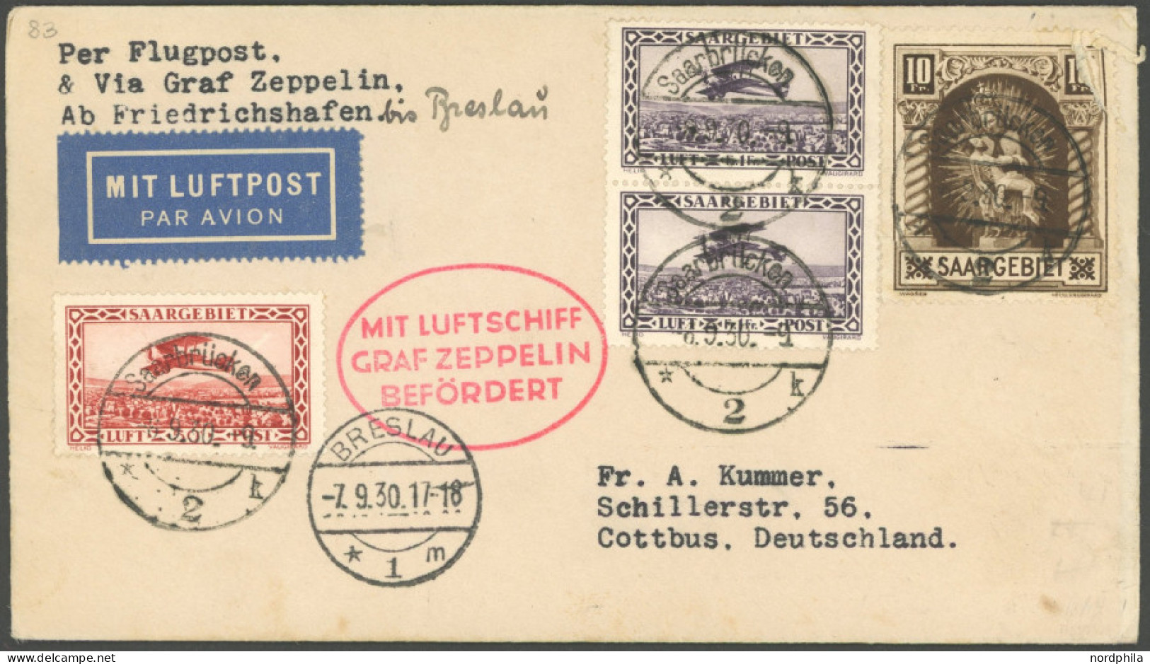 ZULEITUNGSPOST 83 BRIEF, Saargebiet: 1930, Fahrt Nach Breslau, 10 Fr. Marke Mängel Sonst Prachtbrief, Nur Wenige Bekannt - Poste Aérienne & Zeppelin