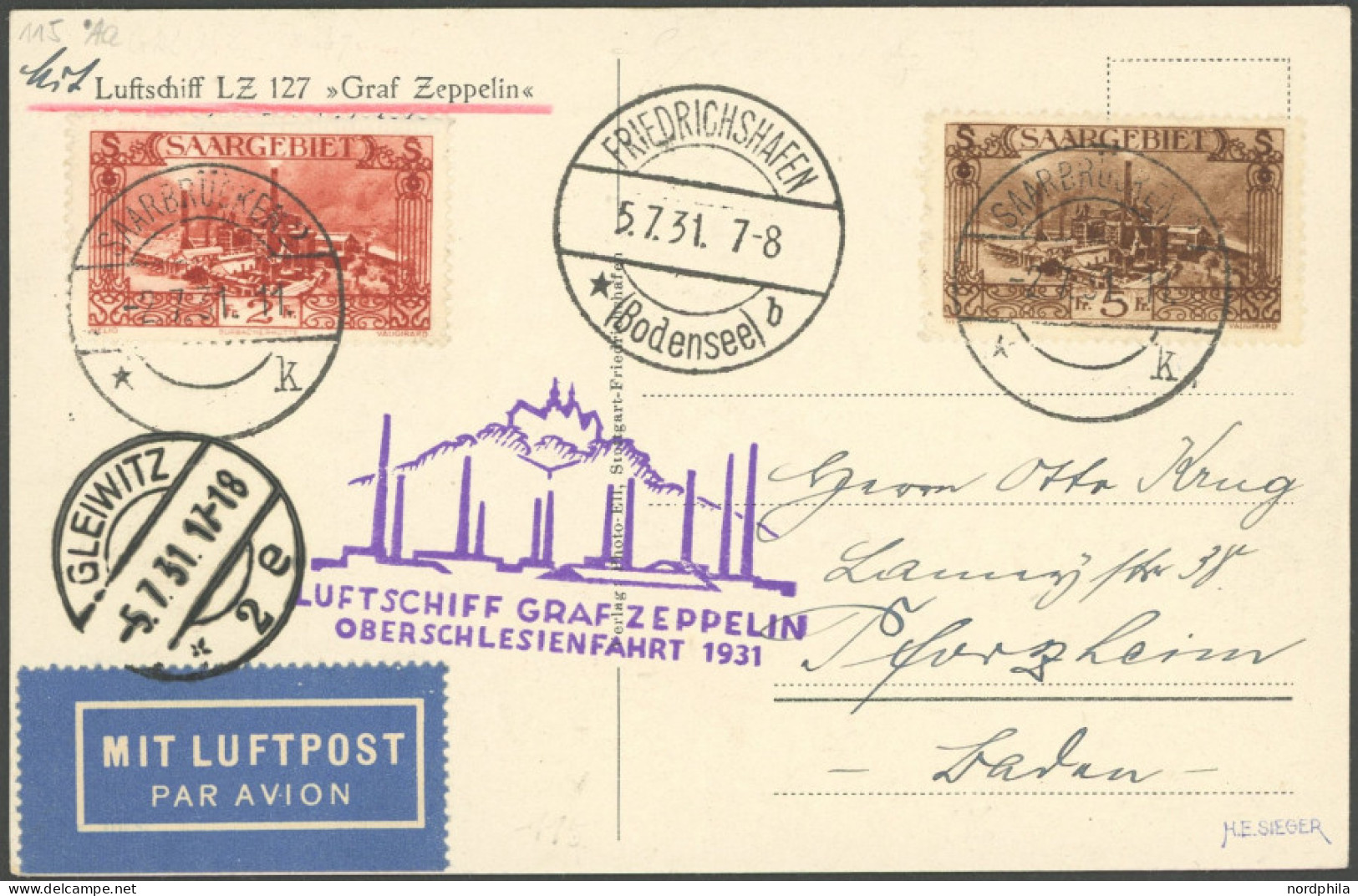 ZULEITUNGSPOST 115 BRIEF, Saargebiet: 1931, Oberschlesienfahrt, Prachtkarte, Gepr. Sieger - Airmail & Zeppelin