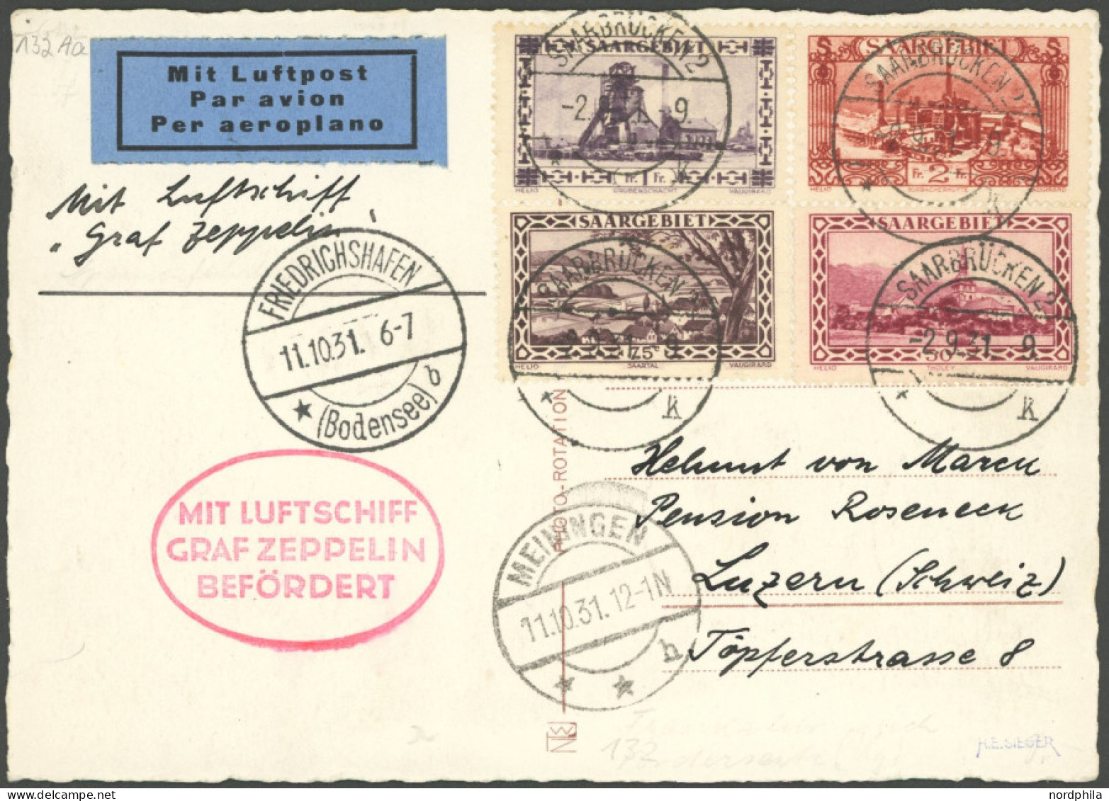 ZULEITUNGSPOST 132 BRIEF, Saargebiet: 1931, Fahrt Nach Meiningen, In Die Schweiz, Prachtkarte, Gepr. Sieger - Correo Aéreo & Zeppelin