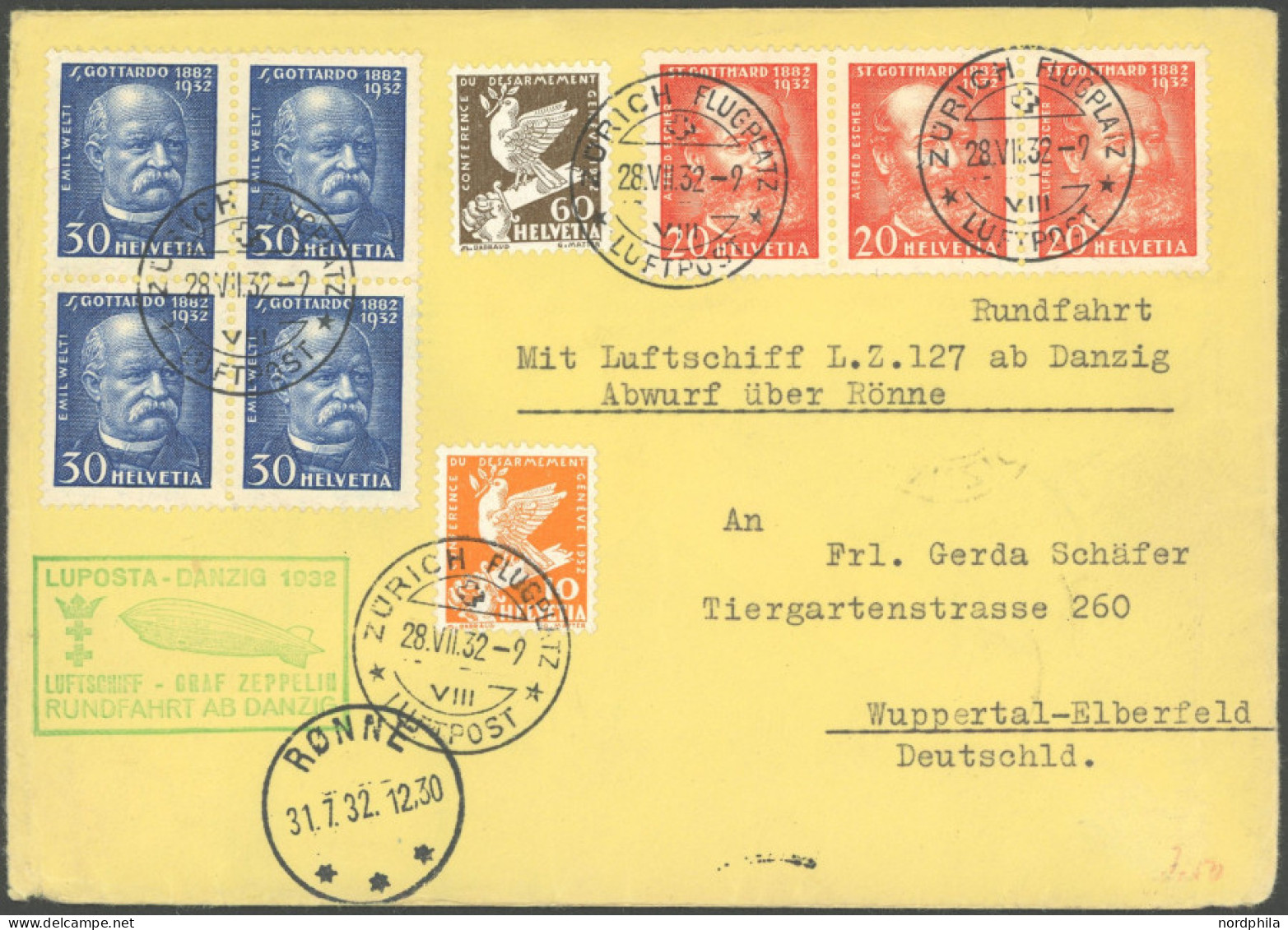 ZULEITUNGSPOST 170Aa BRIEF, Schweiz: 1932, Luposta-Rundfahrt, Abwurf Rönne, Leichte Beförderungsspuren, Prachtbrief - Posta Aerea & Zeppelin