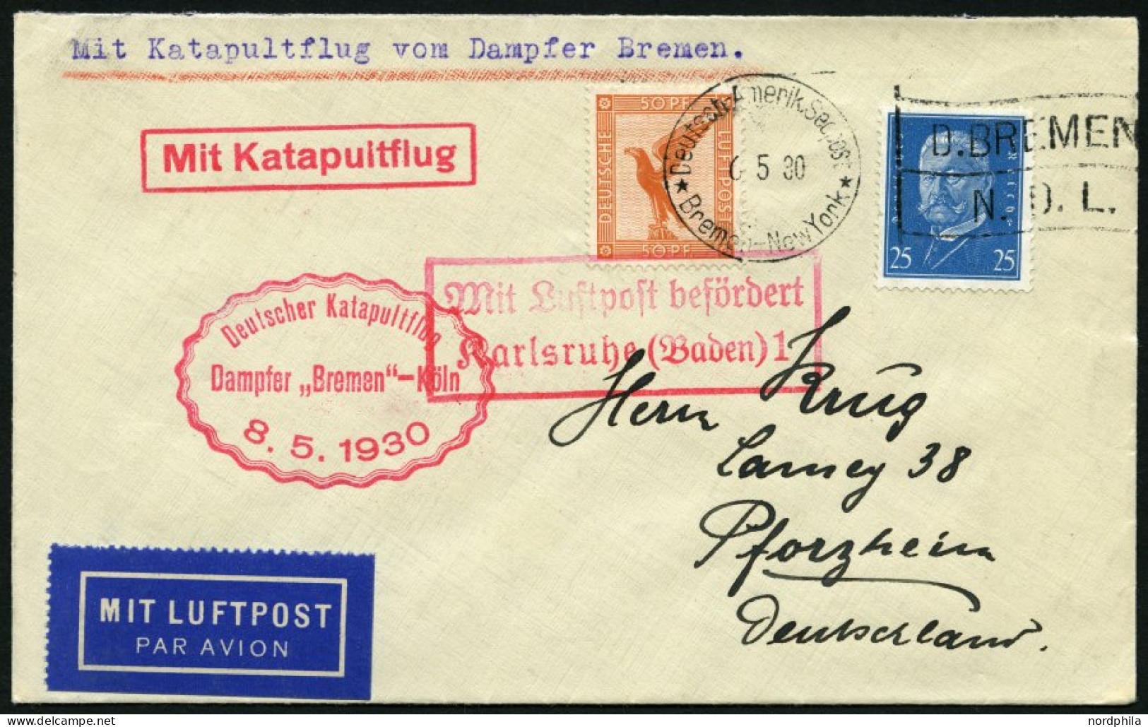 KATAPULTPOST 11c BRIEF, 7.5.1930, &quot,Bremen&quot, - Southampton, Deutsche Seepostaufgabe, Prachtbrief - Covers & Documents