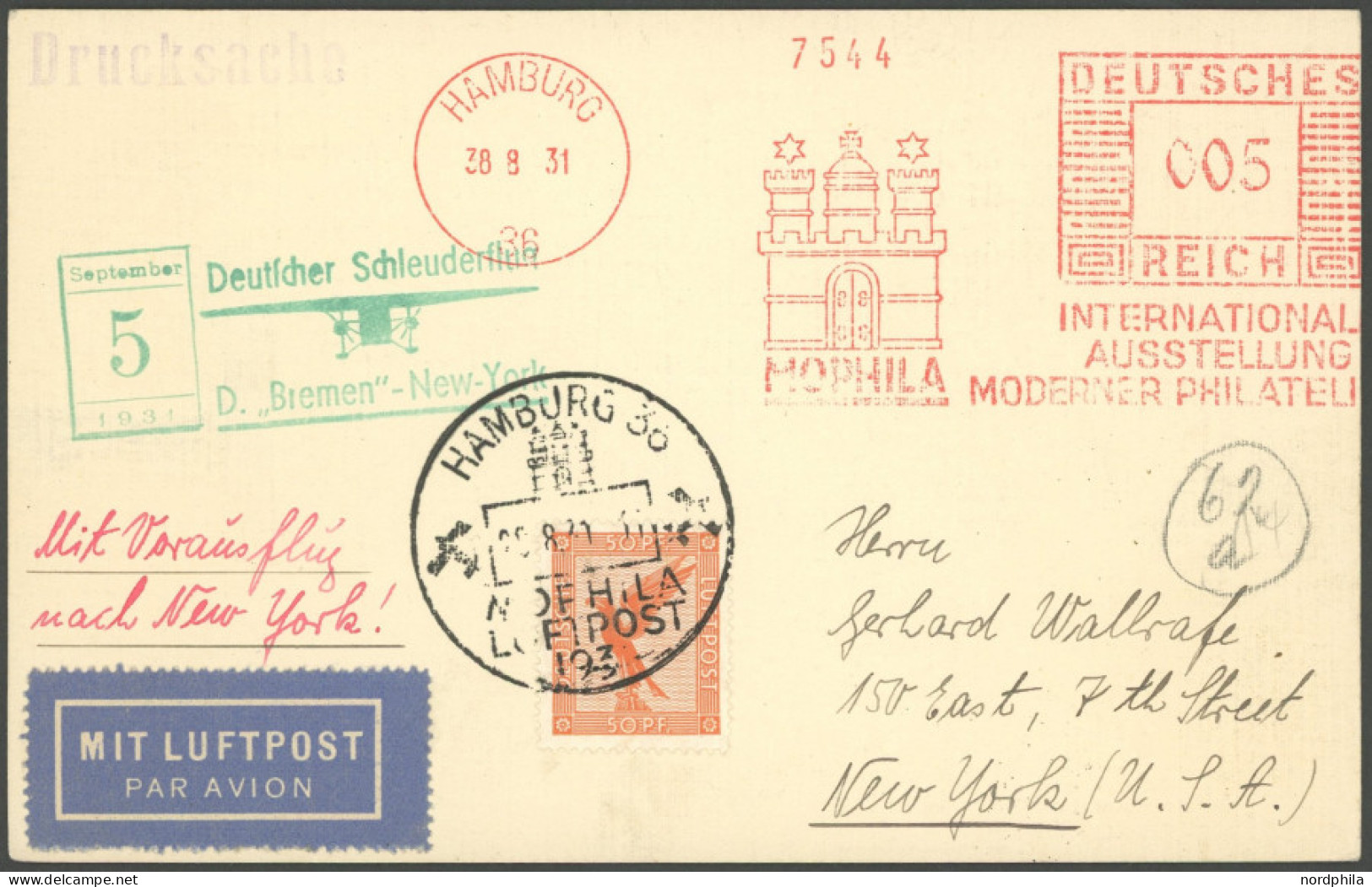 KATAPULTPOST 68a BRIEF, 4.9.1931, Bremen - New York, Mophila-Aufgabe Drucksache, Prachtkarte - Luft- Und Zeppelinpost