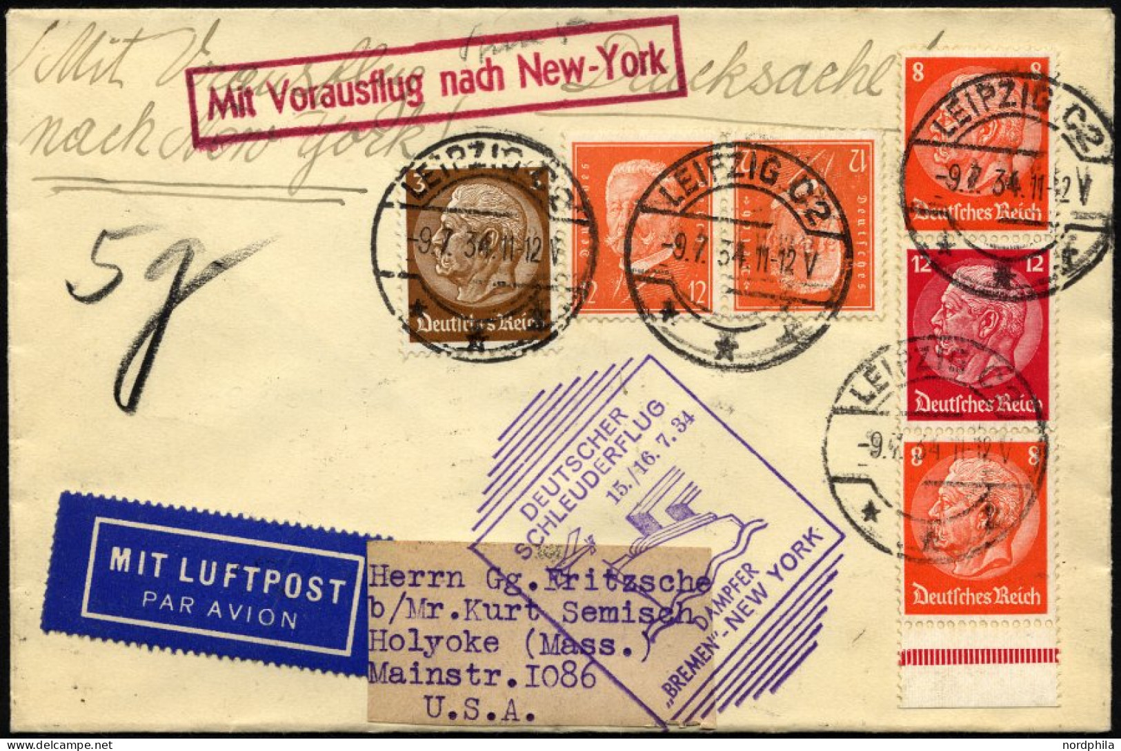 KATAPULTPOST 165a BRIEF, 15.7.1934, Bremen - New York, Landpostaufgabe, Frankiert U.a. Mit S 113, Drucksache Pracht - Covers & Documents