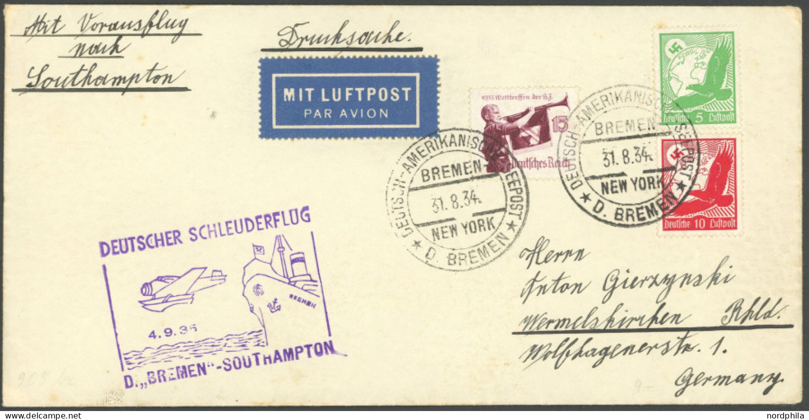 KATAPULTPOST 210c BRIEF, 4.9.1935, Bremen - Southampton, Deutsche Seepostaufgabe, Prachtbrief - Luft- Und Zeppelinpost