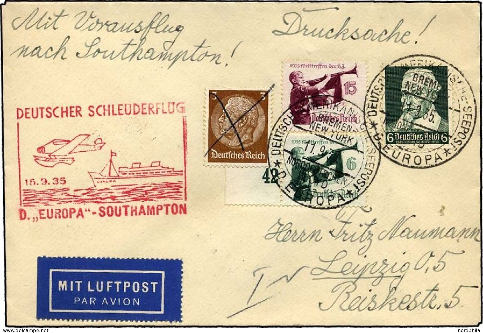 KATAPULTPOST 212c BRIEF, 15.9.1935, Europa - Southampton, Deutsche Seepostaufgabe, Drucksache, Pracht - Lettres & Documents