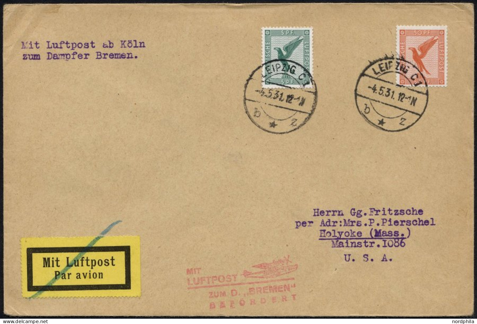 KATAPULTPOST 4.5.1931, Mit Luftpost Zum Dampfer Bremen Befördert, Luftpostdrucksache Von Leipzig In Die USA, Pracht - Covers & Documents